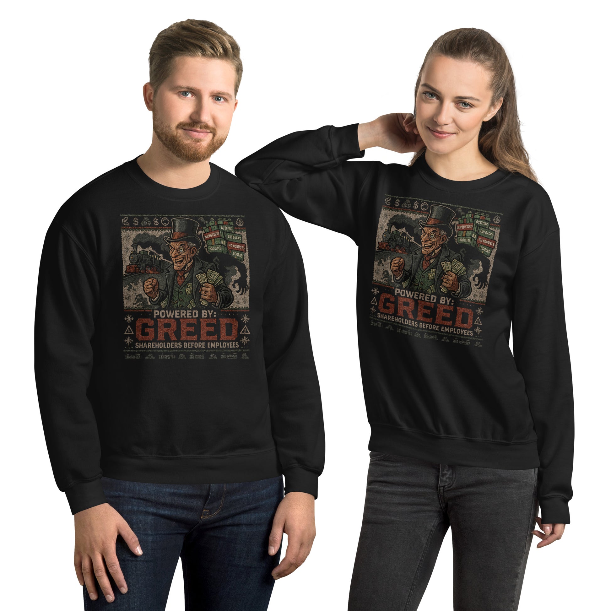 Powered by Greed Crew Neck Sweatshirt | Ugly Christmas Sweater