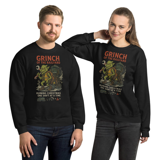 Two people wearing black sweatshirts with a Grinch graphic and text.