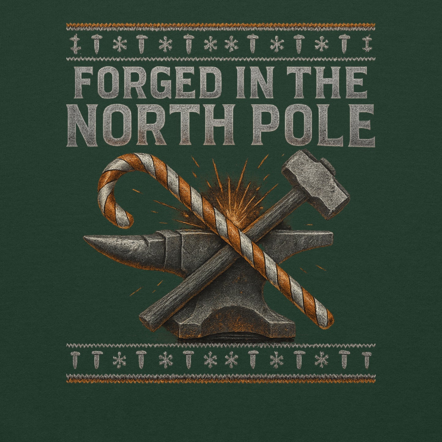 Design with crossed hammer and anvil on a green background with 'Forged in the North Pole' text.