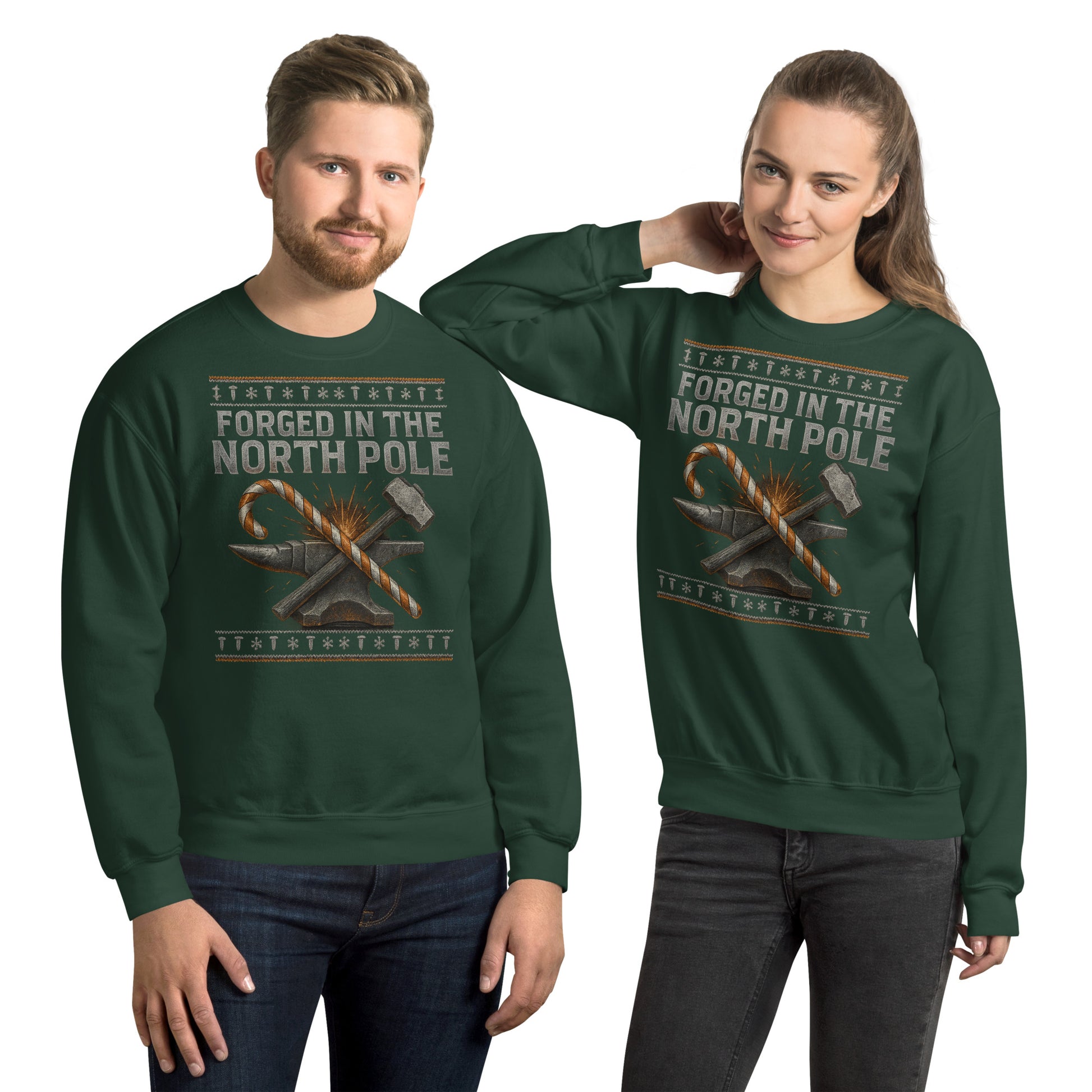 Two people wearing green sweatshirts with 'Forged in the North Pole' text and graphic design.