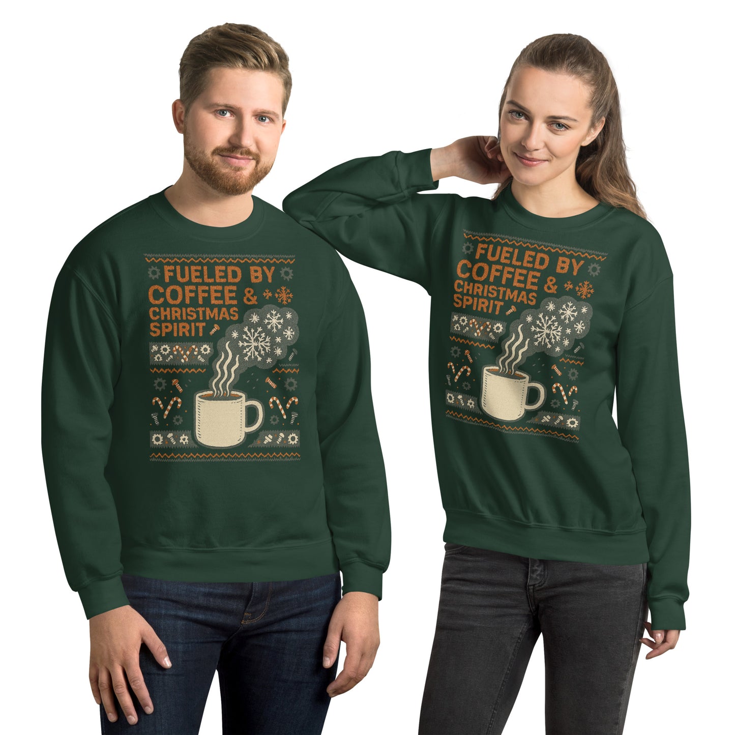 Two people wearing green sweatshirts with a festive design on a white background