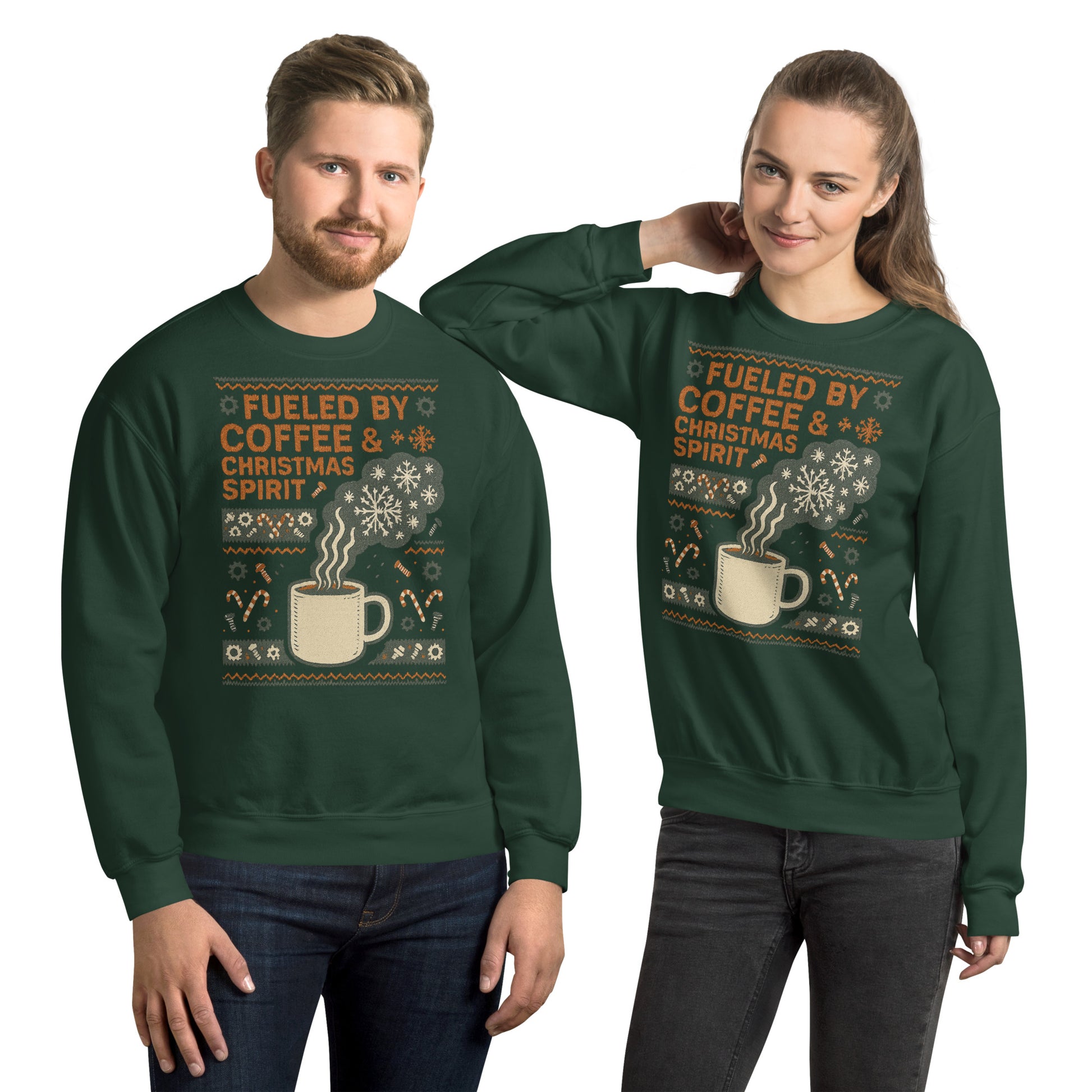 Two people wearing green sweatshirts with a festive design on a white background