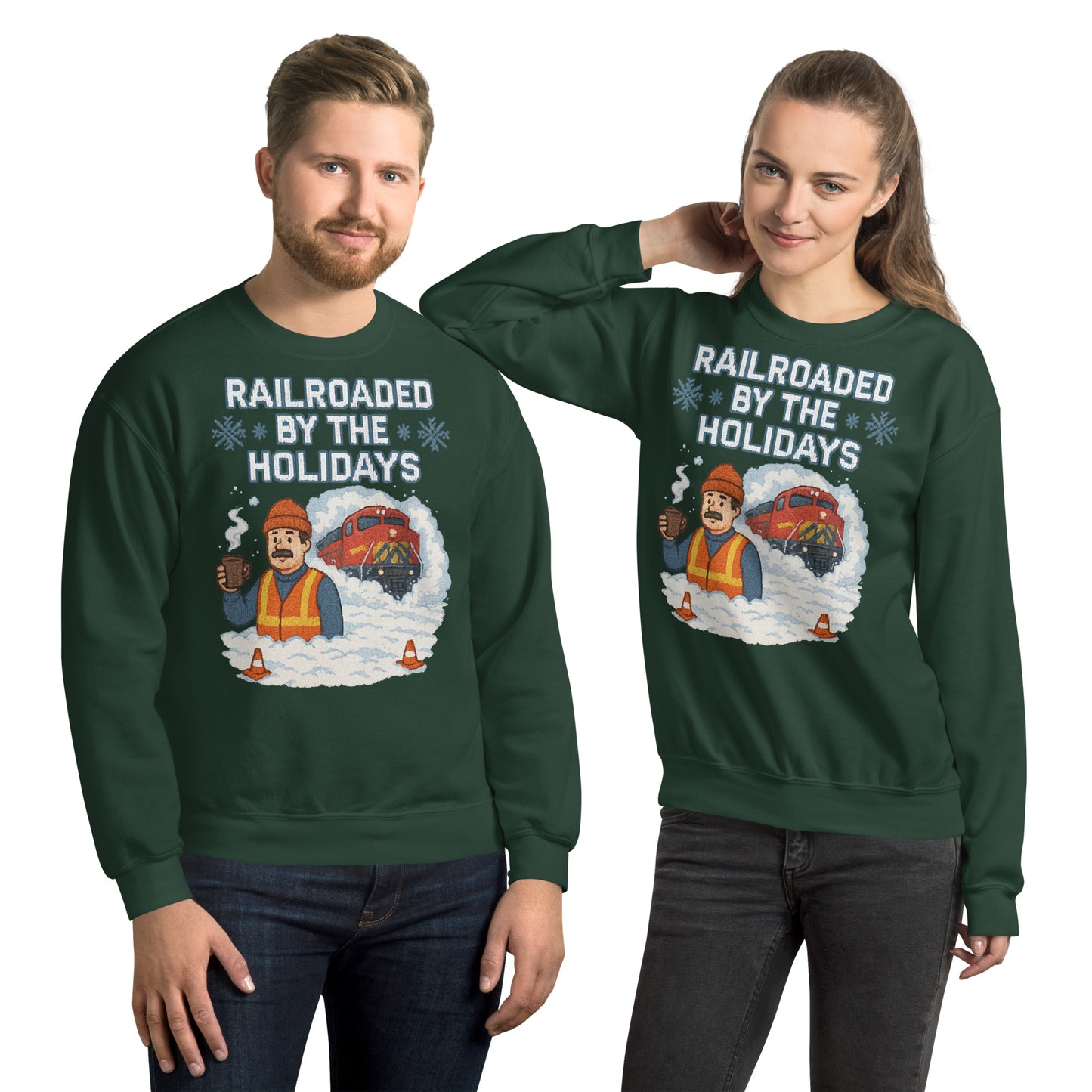 Two people wearing green sweatshirts with a festive design and text.