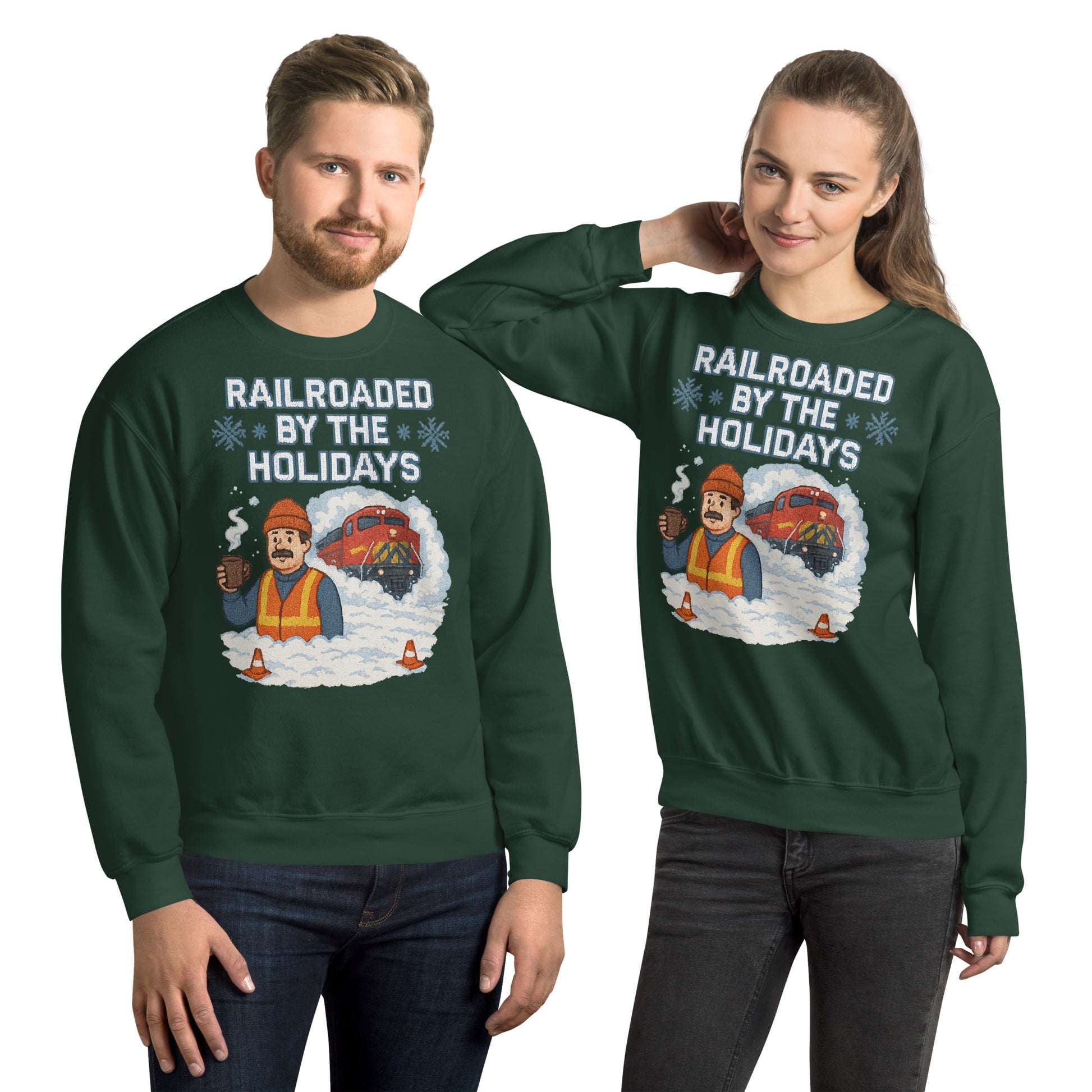 Two people wearing green sweatshirts with a festive design and text.