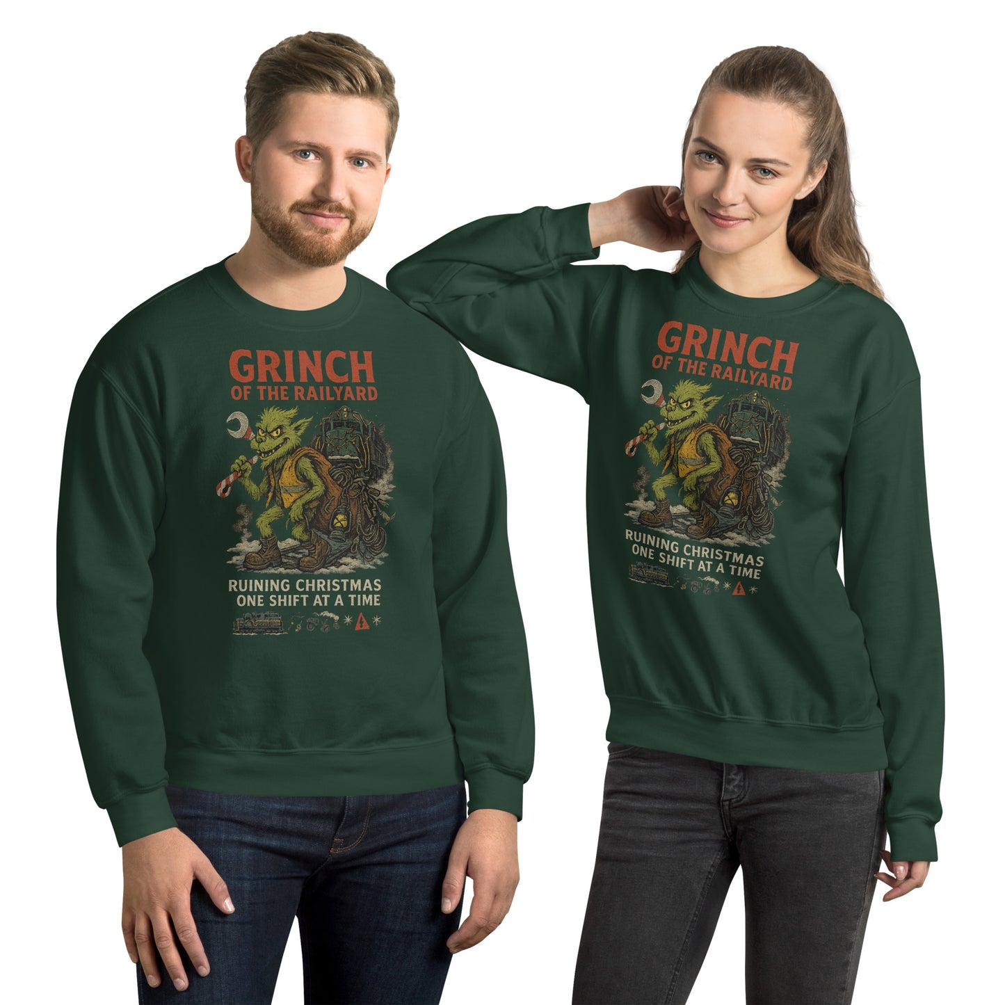 Two people wearing green 'Grinch' themed sweatshirts on a white background