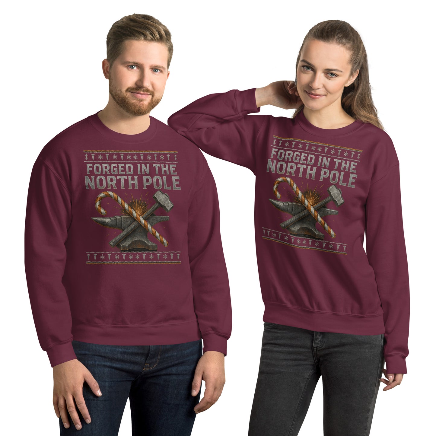 Two people wearing maroon sweatshirts with a graphic design and text on a white background