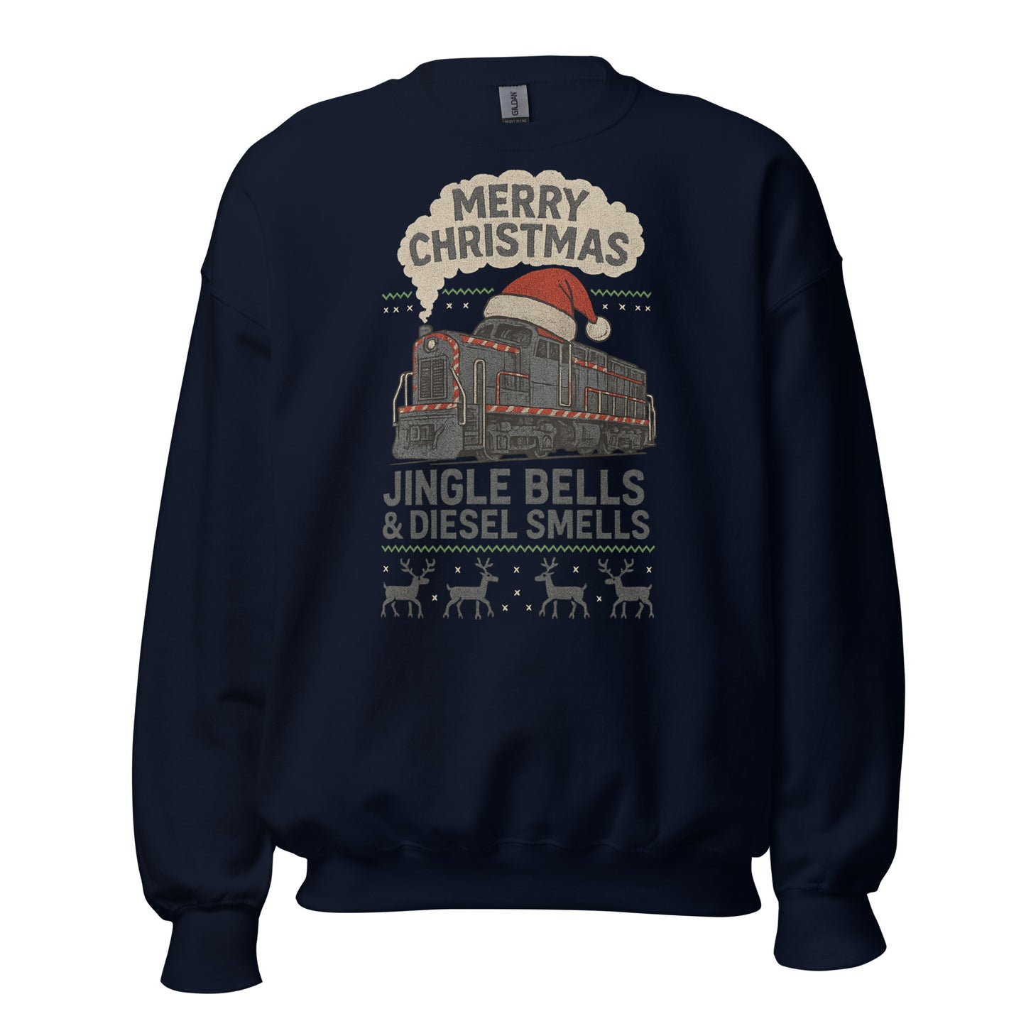 Navy blue sweatshirt with Christmas train design and text on a white background