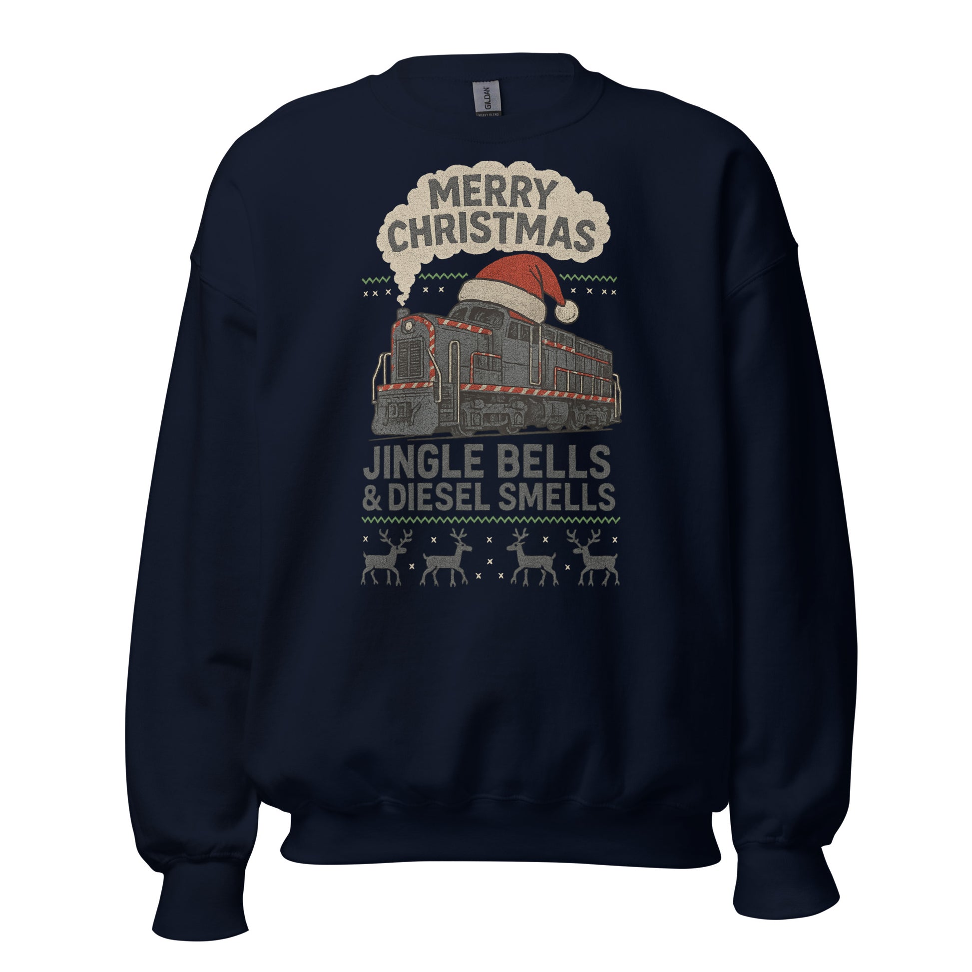 Navy blue sweatshirt with Christmas train design and text on a white background