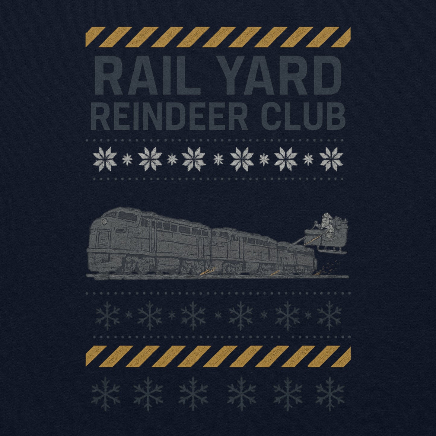 Design with a train and reindeer on a dark background, featuring text 'Rail Yard Reindeer Club'.