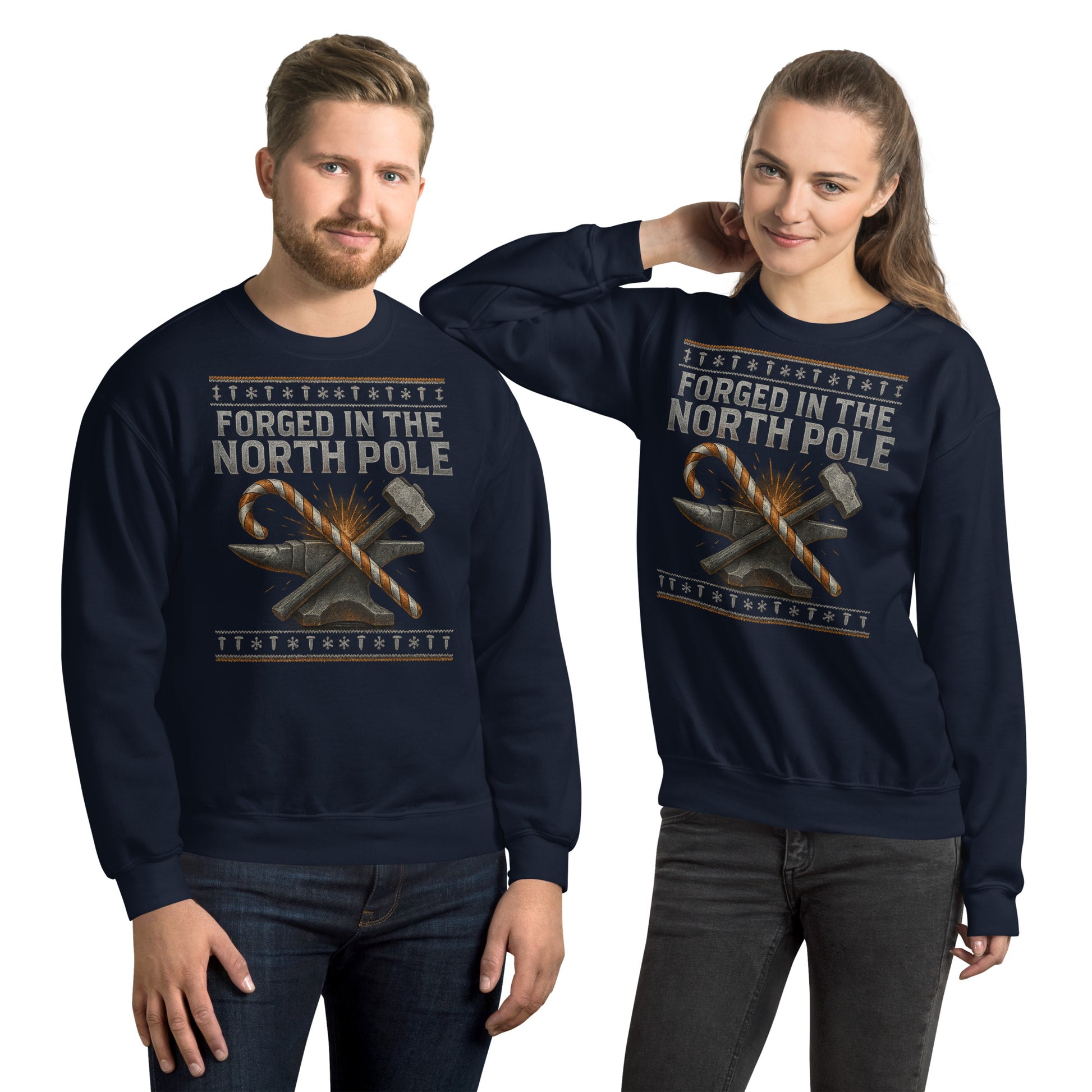 Two people wearing navy blue sweatshirts with 'Forged in the North Pole' text and graphic design.