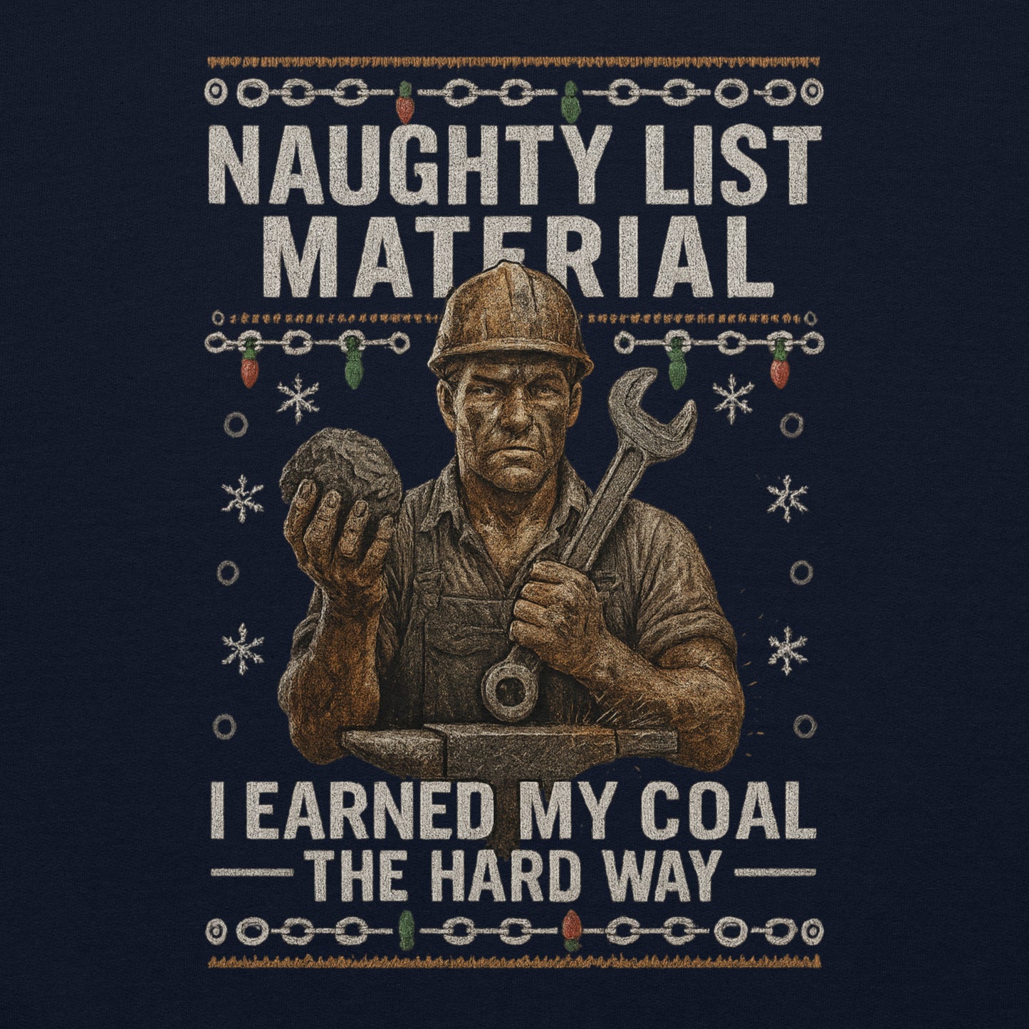 T-shirt design with a煤矿工人 holding a rock and wrench, text 'Naughty List Material I Earned My Coal The Hard Way' on a dark background.