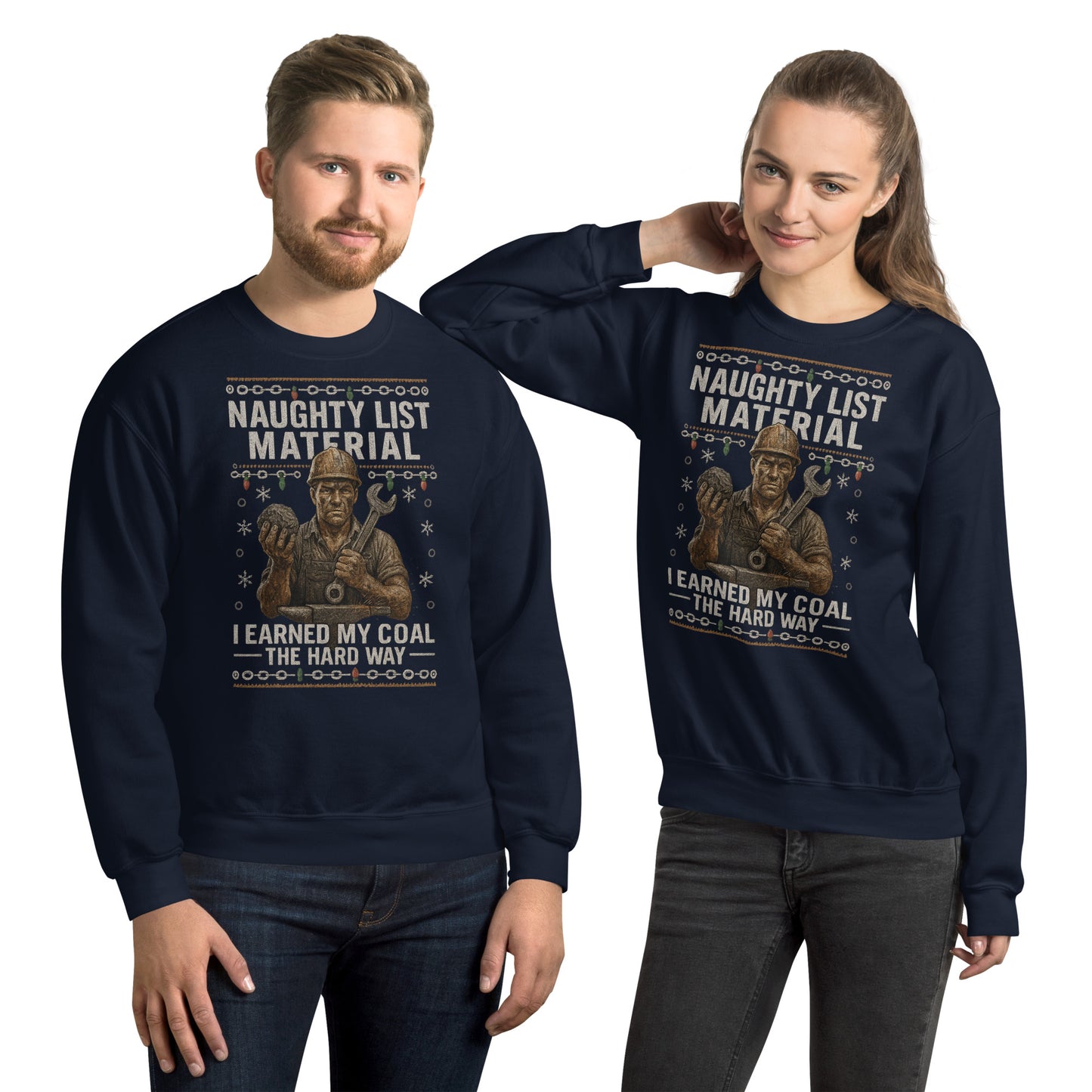 Two people wearing navy blue sweatshirts with a coal miner graphic and text.