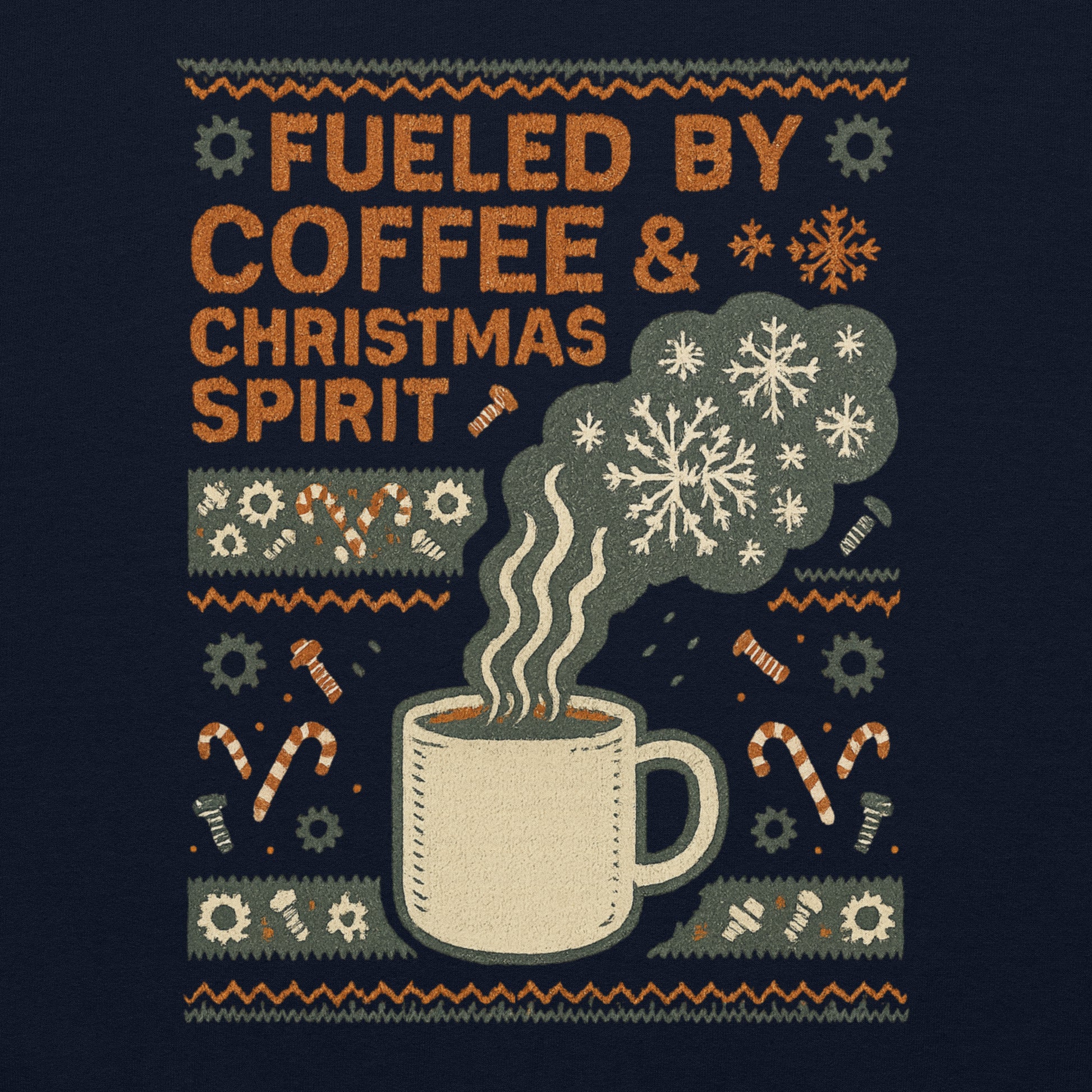 Design with a mug of steaming coffee, candy canes, and snowflakes with text 'Fueled by Coffee & Christmas Spirit' on a dark background.