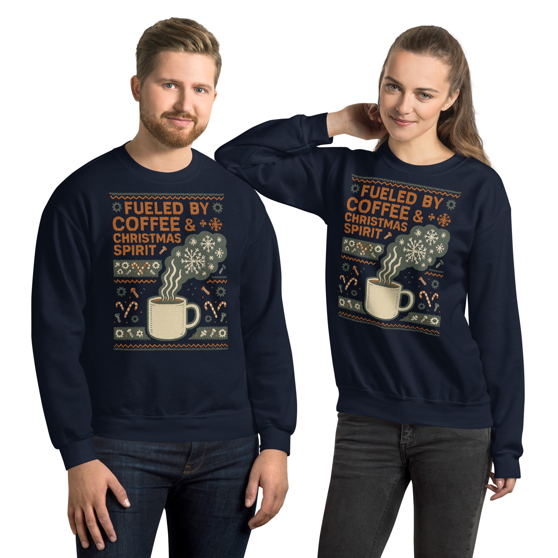 Two people wearing navy blue sweaters with festive design and text.