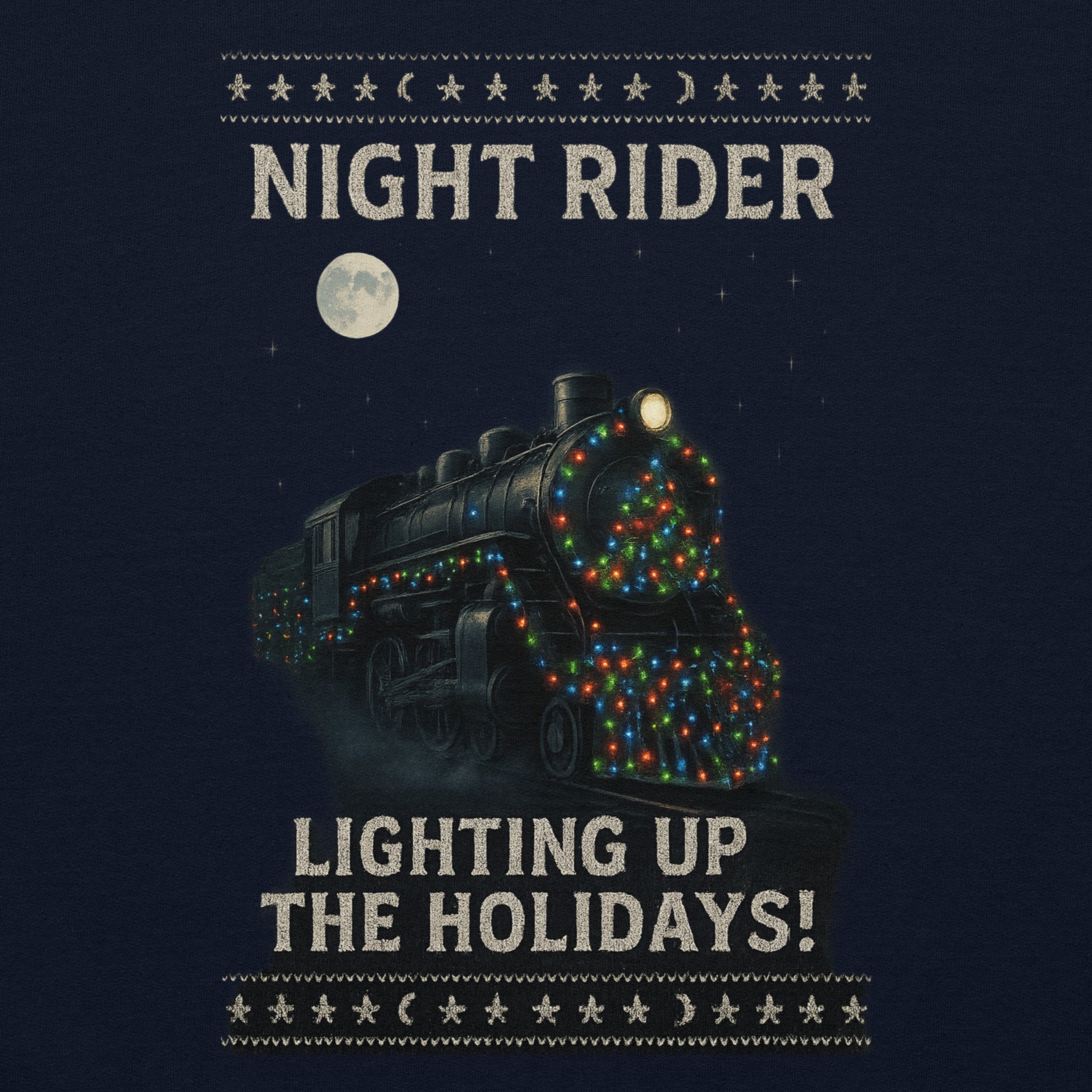 Vintage-style train decorated with lights under a moonlit sky, featuring the text 'Night Rider Lighting Up The Holidays'.