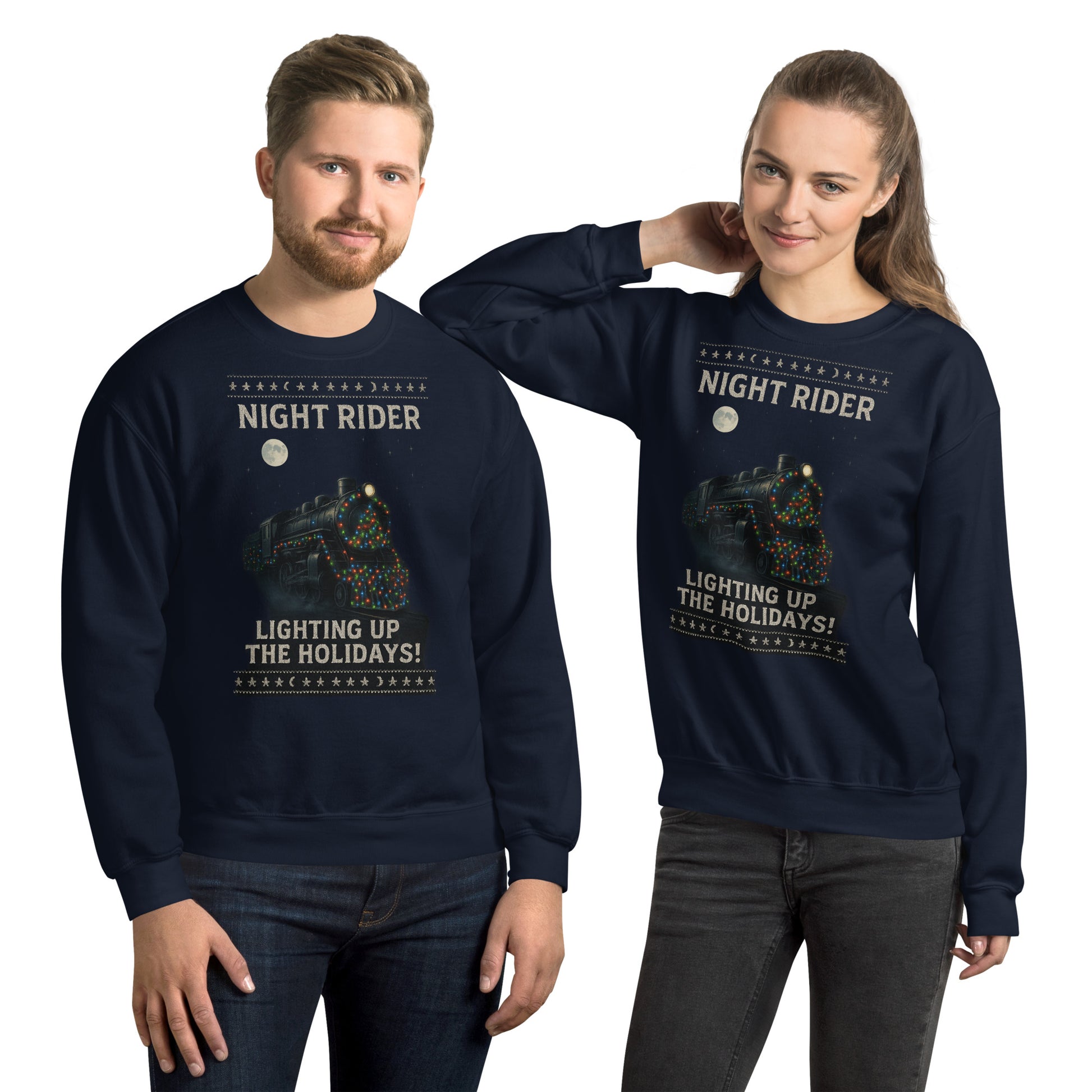 Two people wearing navy blue sweatshirts with 'Night Rider' text and graphics on a white background.