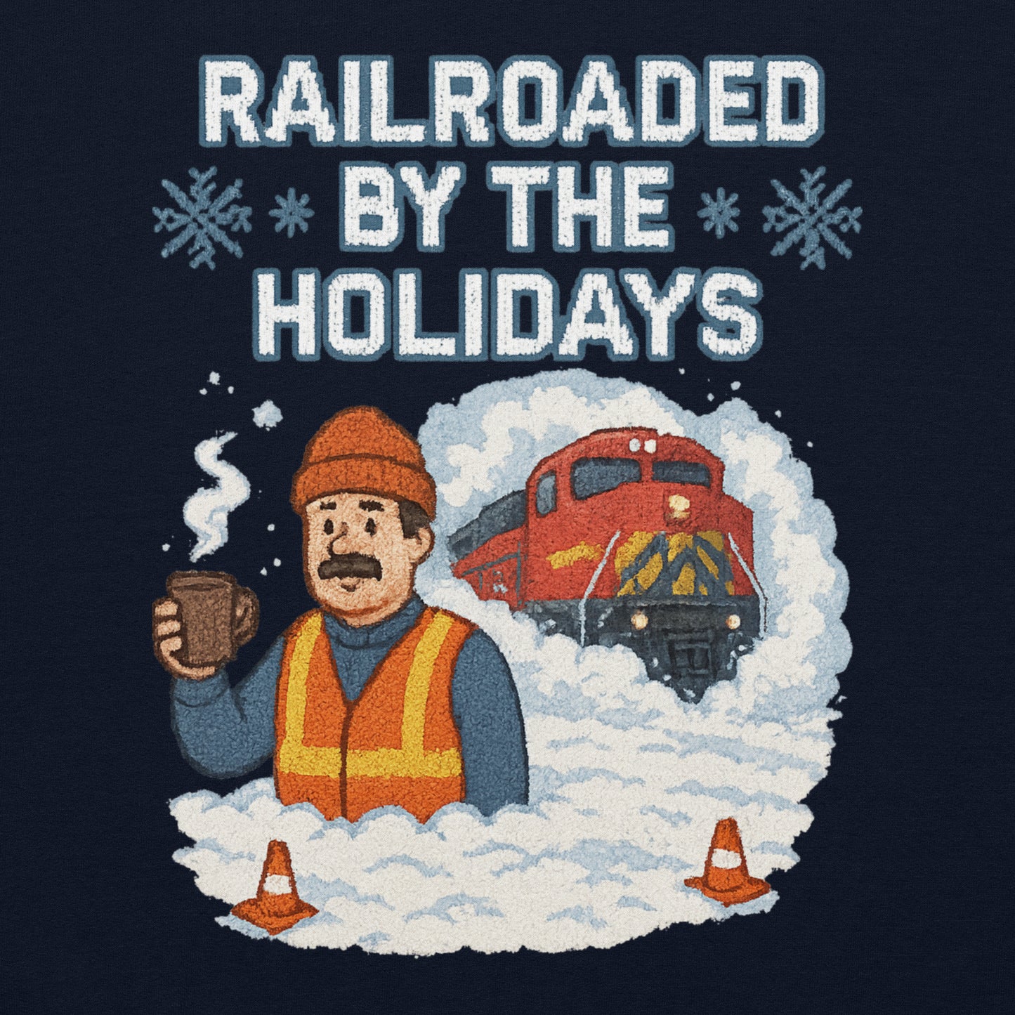 Illustration of a construction worker with a train and 'Railroaded by the Holidays' text on a dark background