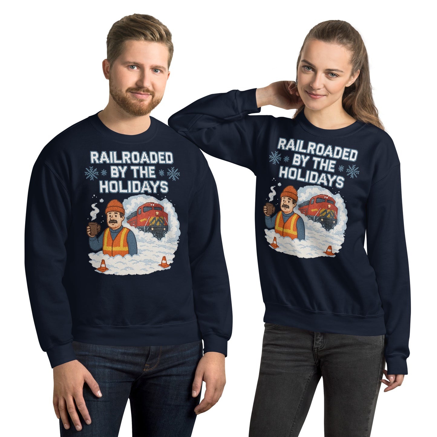 Two people wearing navy blue sweatshirts with a festive graphic and text.