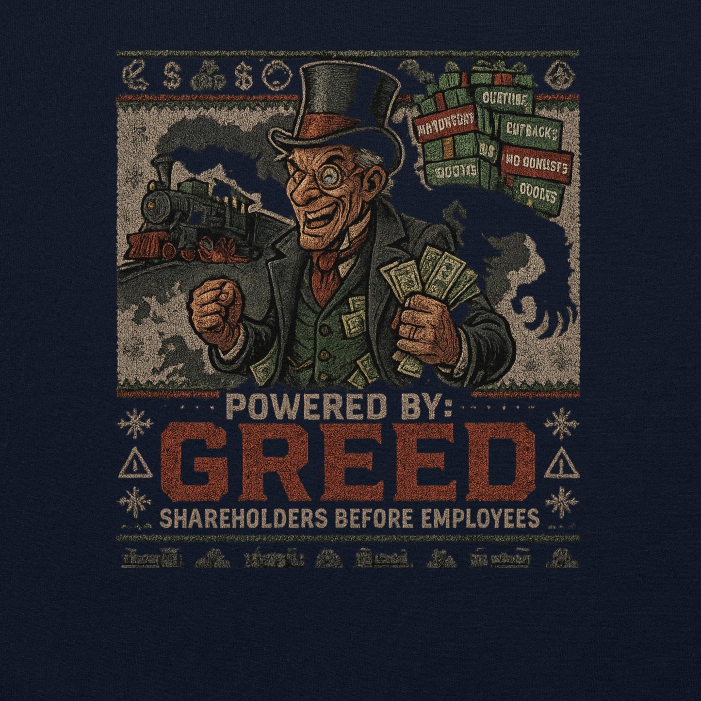 Powered by Greed Crew Neck Sweatshirt | Ugly Christmas Sweater