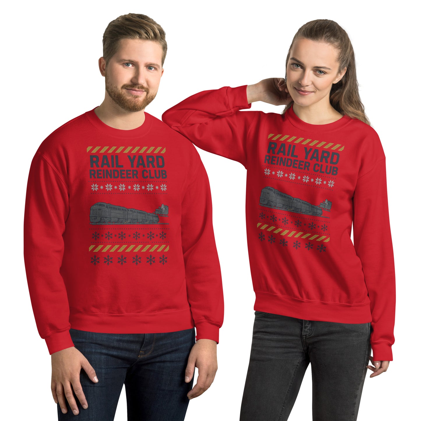 Two people wearing red 'Rail Yards Reindeer Club' sweatshirts on a white background