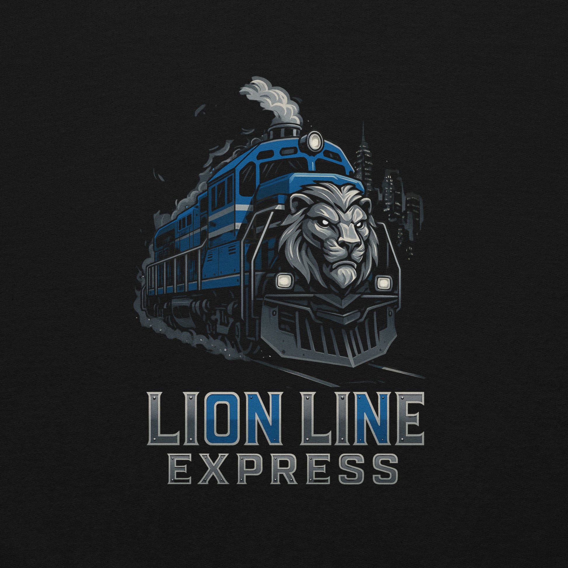 Blue train with lion head design on a black background, featuring 'Lion Line Express' text.