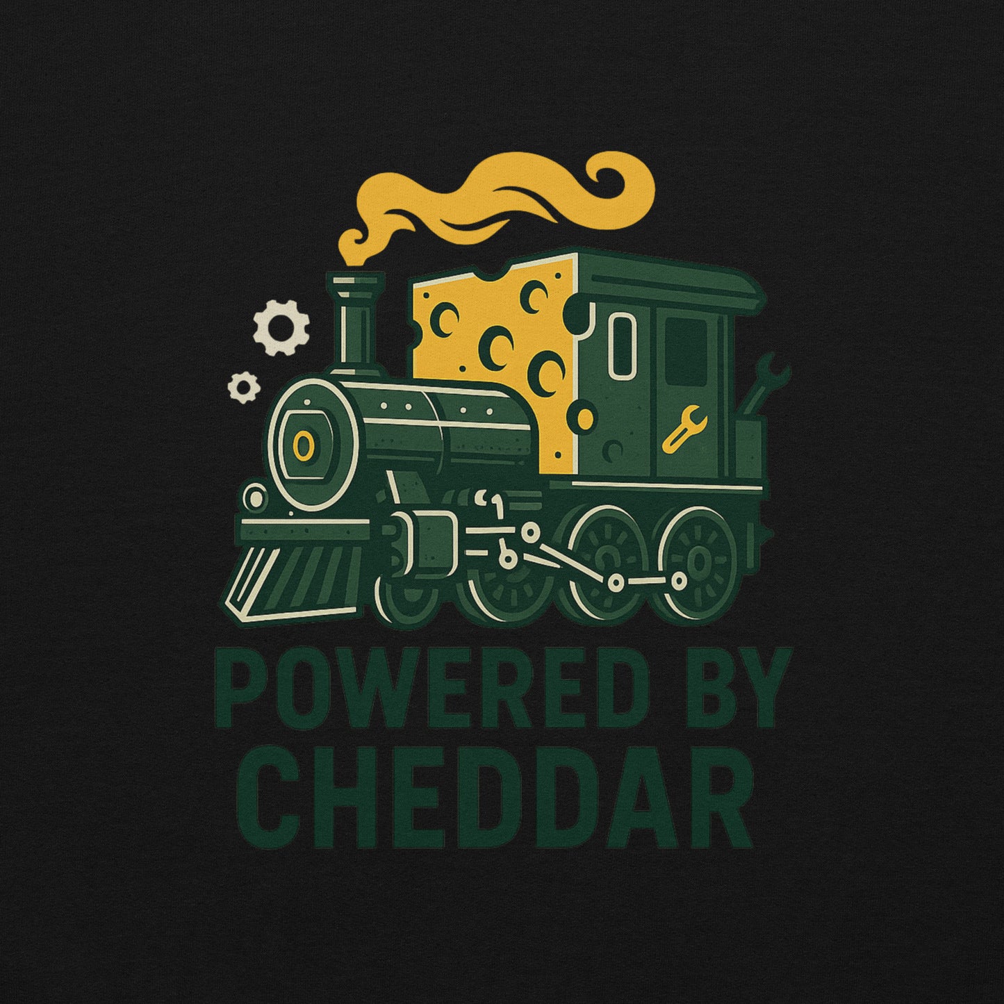 Train engine with cheese on top and 'Powered by Cheddar' text on a black background