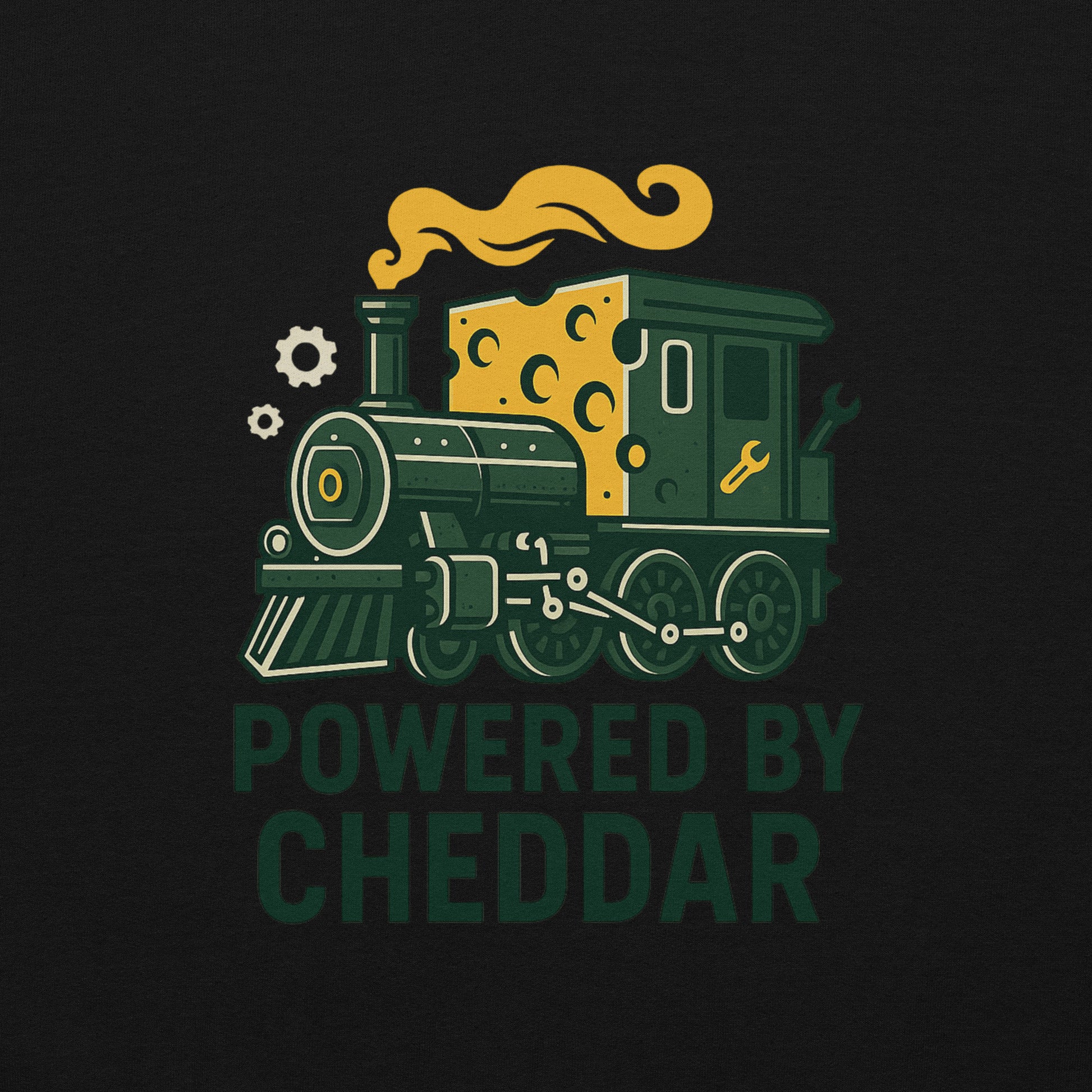 Train engine with cheese on top and 'Powered by Cheddar' text on a black background
