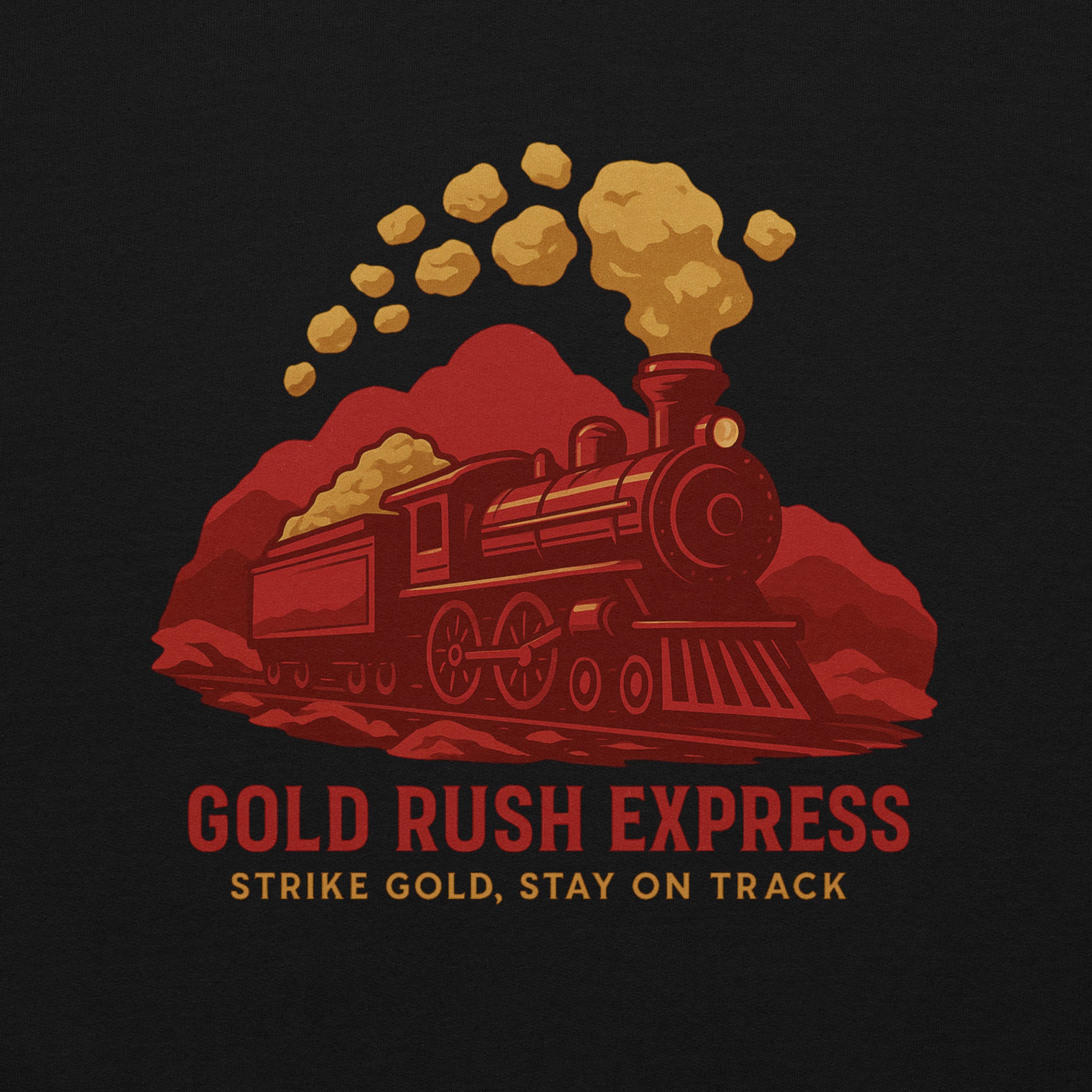 Logo of Gold Rush Express with a steam train and gold coins on a dark background