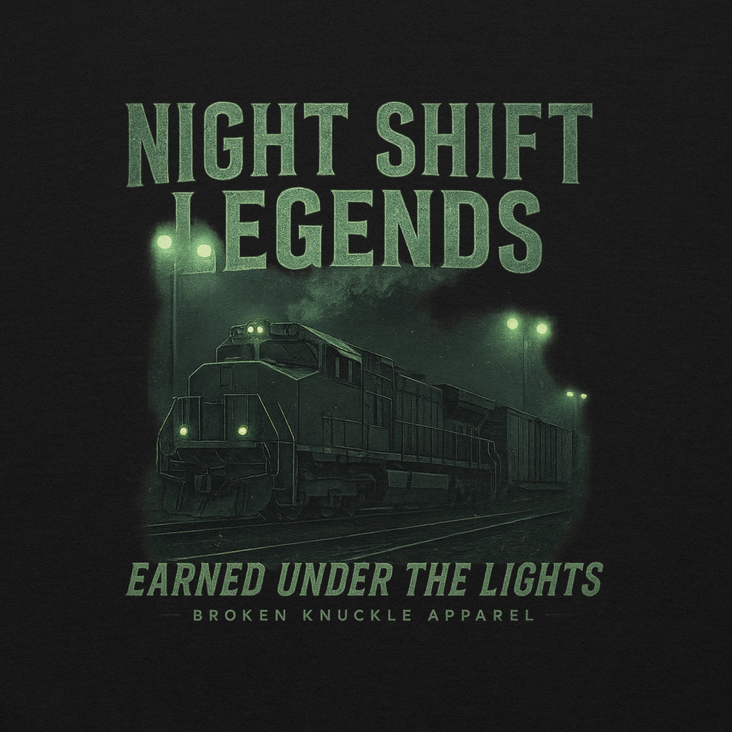Train graphic with 'Night Shift Legends' text on a dark background