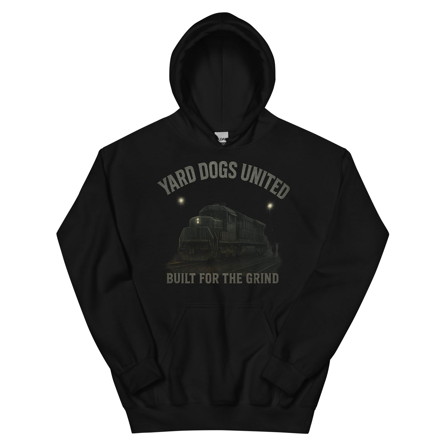 Black hoodie with 'Yard Dogs United' and 'Built for the Grind' text and graphic on a white background