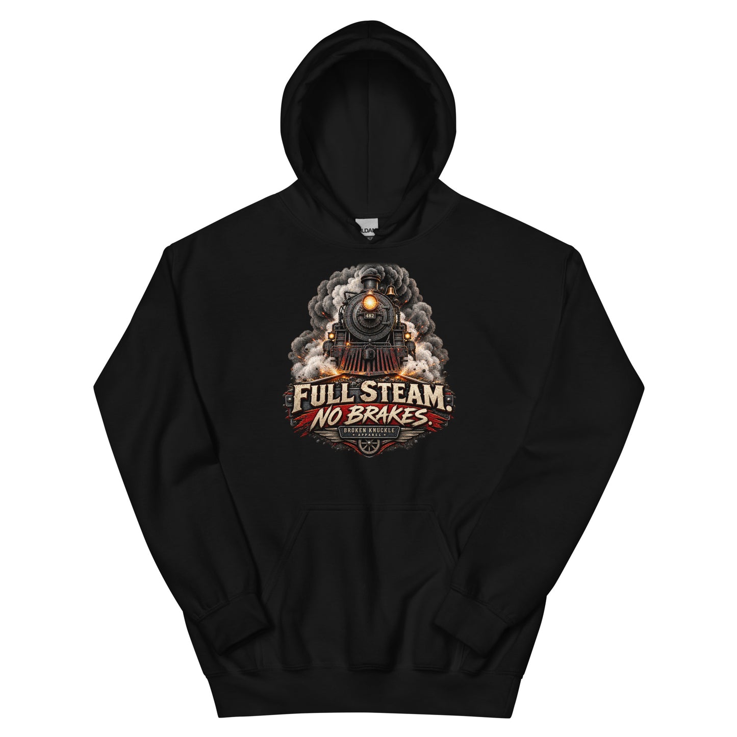 Black heavy blend pullover hoodie featuring an explosive graphic of a front-facing steam locomotive bursting through smoke and fiery sparks. Bold, distressed vintage text reads "FULL STEAM. NO BRAKES." above a winged train wheel badge that reads "BROKEN KNUCKLE APPAREL".