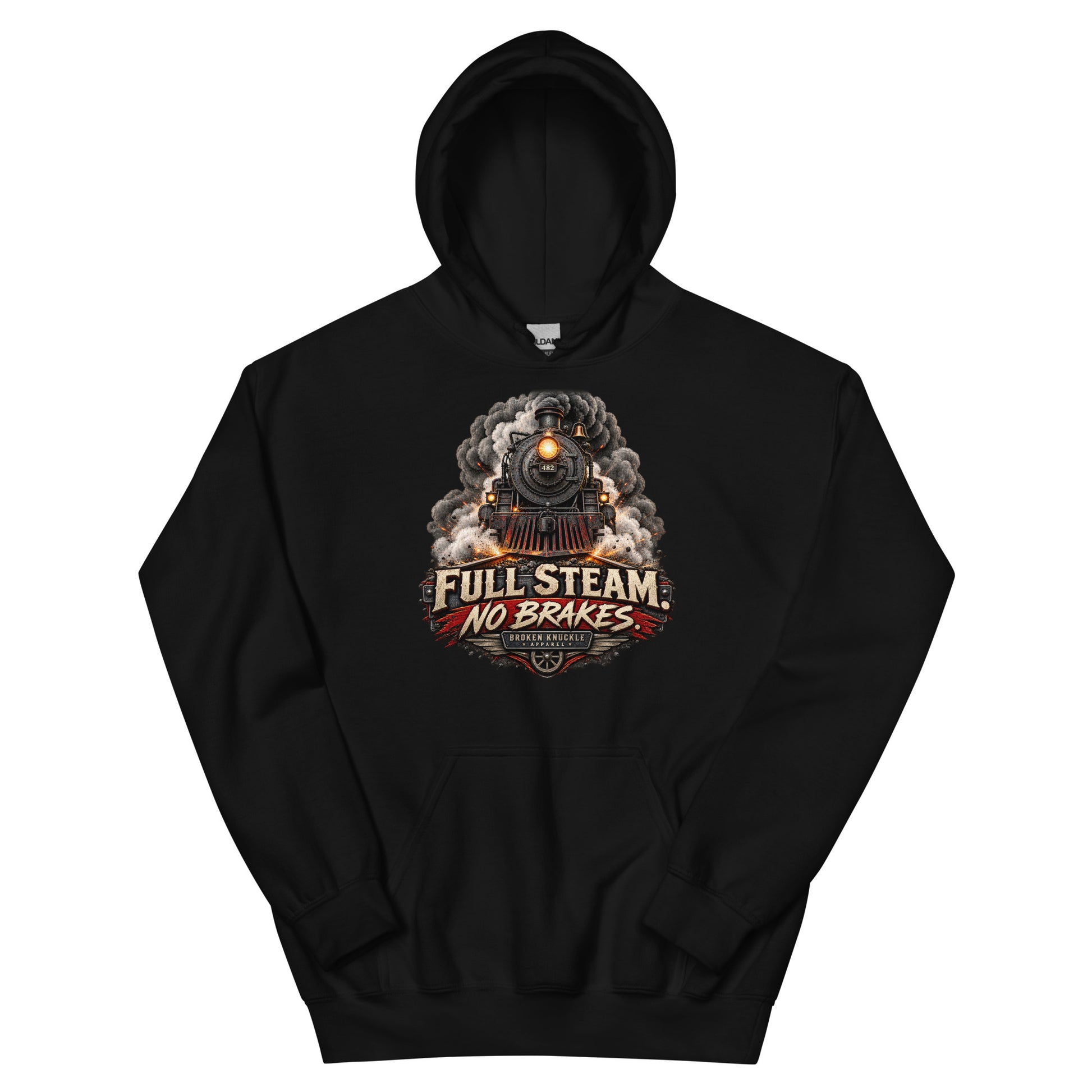Black heavy blend pullover hoodie featuring an explosive graphic of a front-facing steam locomotive bursting through smoke and fiery sparks. Bold, distressed vintage text reads "FULL STEAM. NO BRAKES." above a winged train wheel badge that reads "BROKEN KNUCKLE APPAREL".