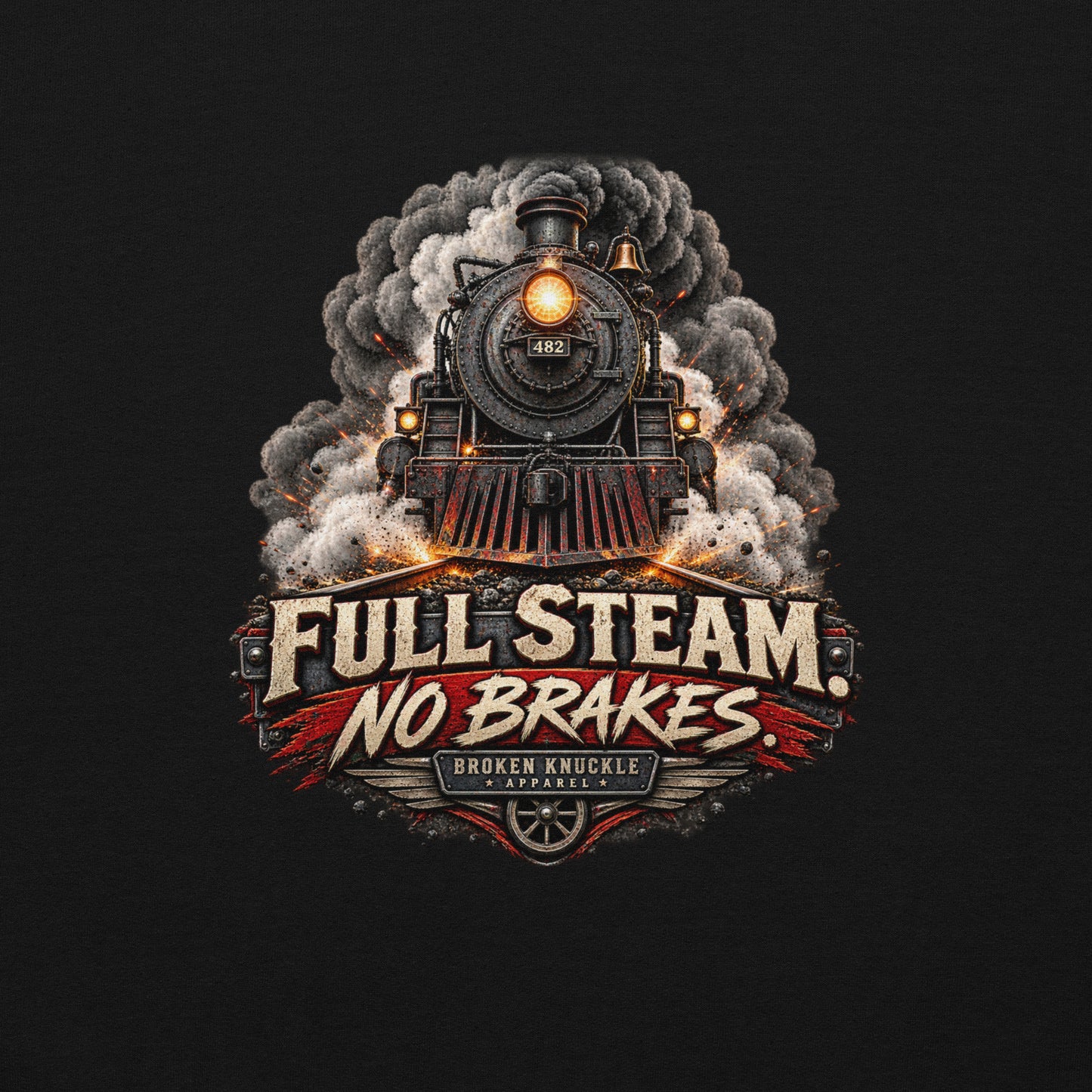 Black heavy blend pullover hoodie featuring an explosive graphic of a front-facing steam locomotive bursting through smoke and fiery sparks. Bold, distressed vintage text reads "FULL STEAM. NO BRAKES." above a winged train wheel badge that reads "BROKEN KNUCKLE APPAREL".