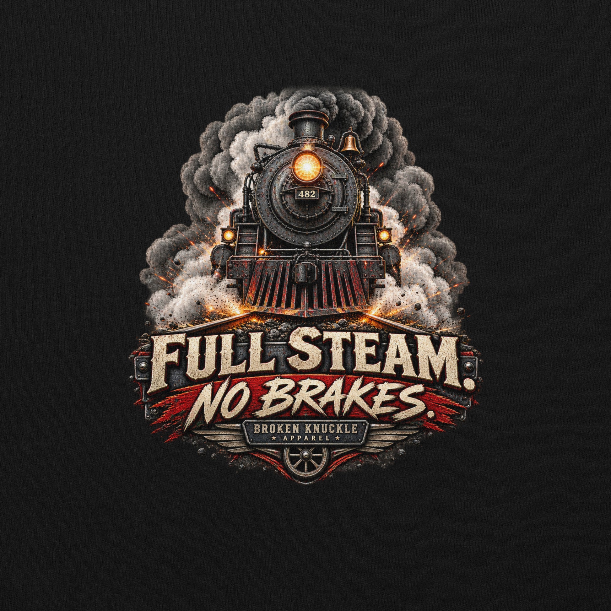 Black heavy blend pullover hoodie featuring an explosive graphic of a front-facing steam locomotive bursting through smoke and fiery sparks. Bold, distressed vintage text reads "FULL STEAM. NO BRAKES." above a winged train wheel badge that reads "BROKEN KNUCKLE APPAREL".