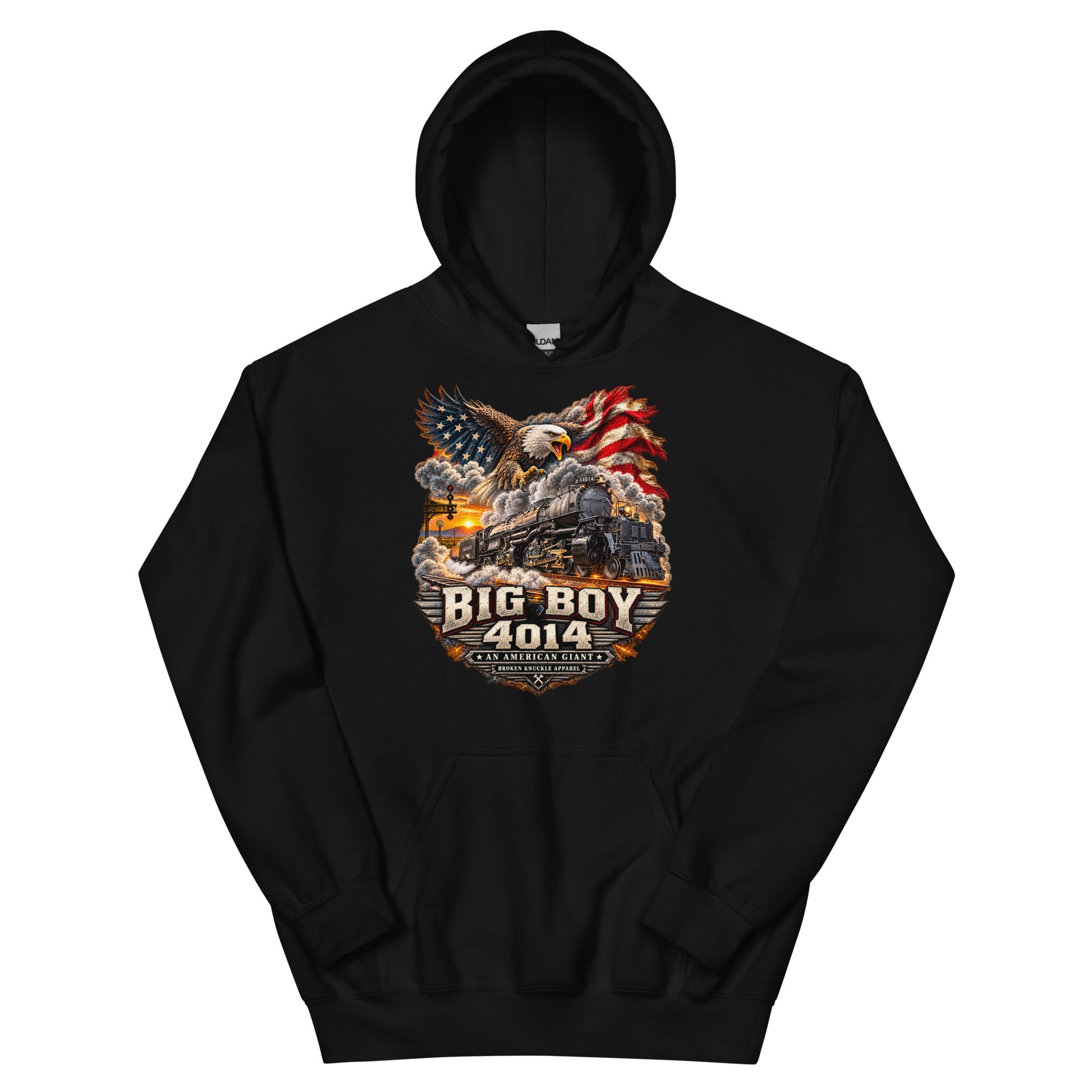 Black heavy blend pullover hoodie featuring a highly detailed patriotic graphic. A bald eagle and American flag soar above the Big Boy 4014 steam locomotive charging down the tracks at sunset. Bold metallic-style text reads "BIG BOY 4014" above a banner reading "AN AMERICAN GIANT" and the Broken Knuckle Apparel logo.