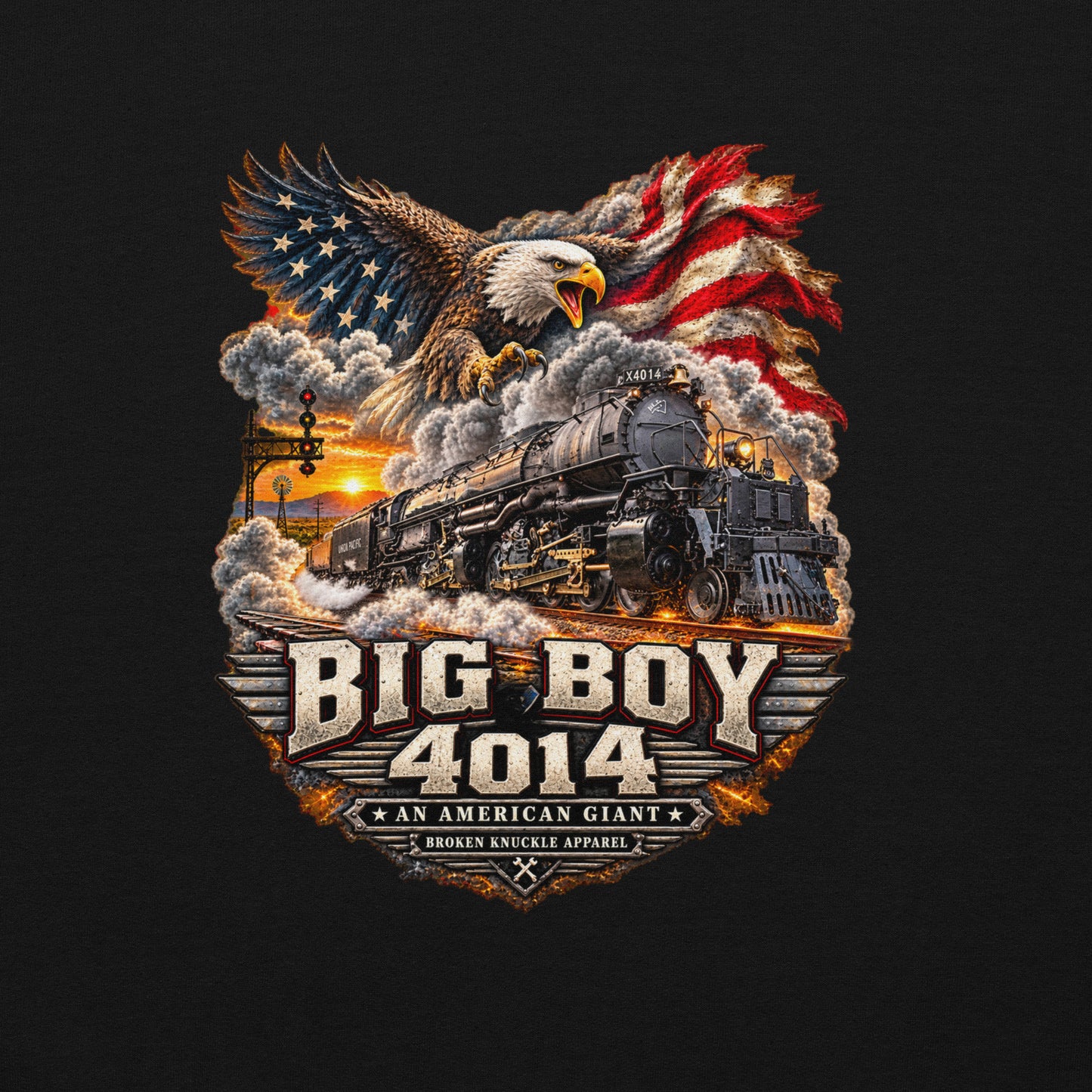 Black heavy blend pullover hoodie featuring a highly detailed patriotic graphic. A bald eagle and American flag soar above the Big Boy 4014 steam locomotive charging down the tracks at sunset. Bold metallic-style text reads "BIG BOY 4014" above a banner reading "AN AMERICAN GIANT" and the Broken Knuckle Apparel logo.
