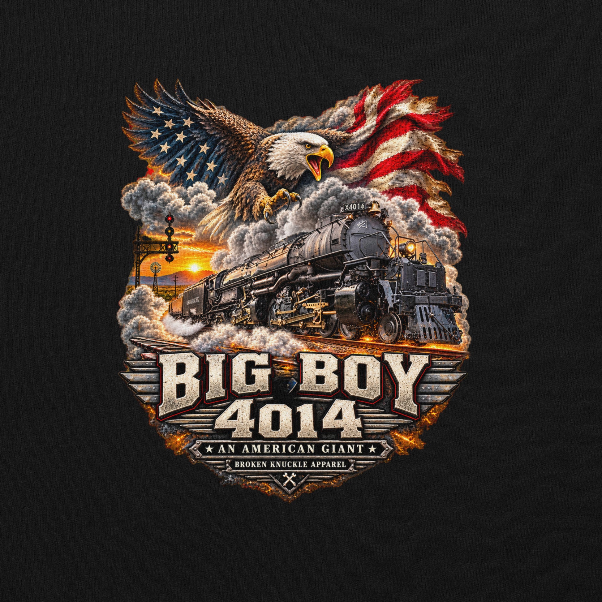Black heavy blend pullover hoodie featuring a highly detailed patriotic graphic. A bald eagle and American flag soar above the Big Boy 4014 steam locomotive charging down the tracks at sunset. Bold metallic-style text reads "BIG BOY 4014" above a banner reading "AN AMERICAN GIANT" and the Broken Knuckle Apparel logo.