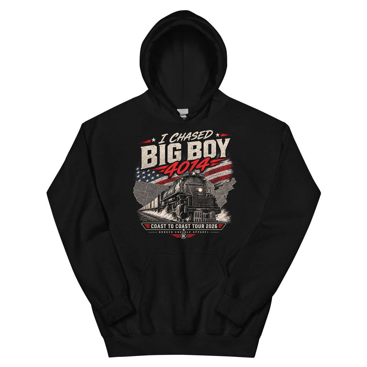 Black heavy blend pullover hoodie featuring a graphic of the Big Boy 4014 steam locomotive charging out of a USA map filled with the American flag. Distressed text reads "I CHASED BIG BOY 4014" at the top and "COAST TO COAST TOUR 2026" on a banner at the bottom above the Broken Knuckle Apparel logo.