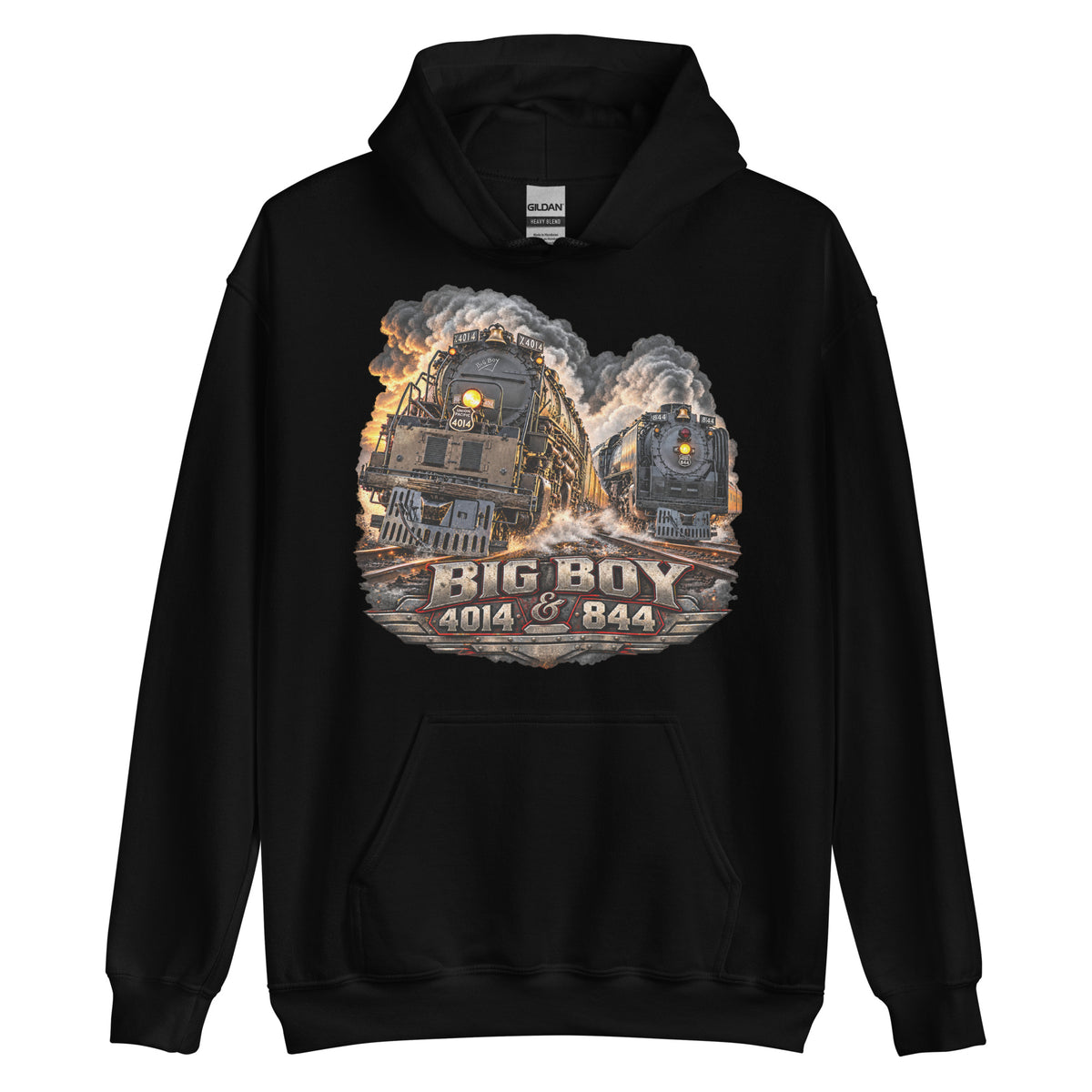 Black heavy blend pullover hoodie featuring a highly detailed graphic of the Big Boy 4014 and 844 steam locomotives charging down the tracks side-by-side surrounded by smoke and steam. Bold, metallic-style text at the bottom reads "BIG BOY 4014 & 844" on a distressed vintage badge.   