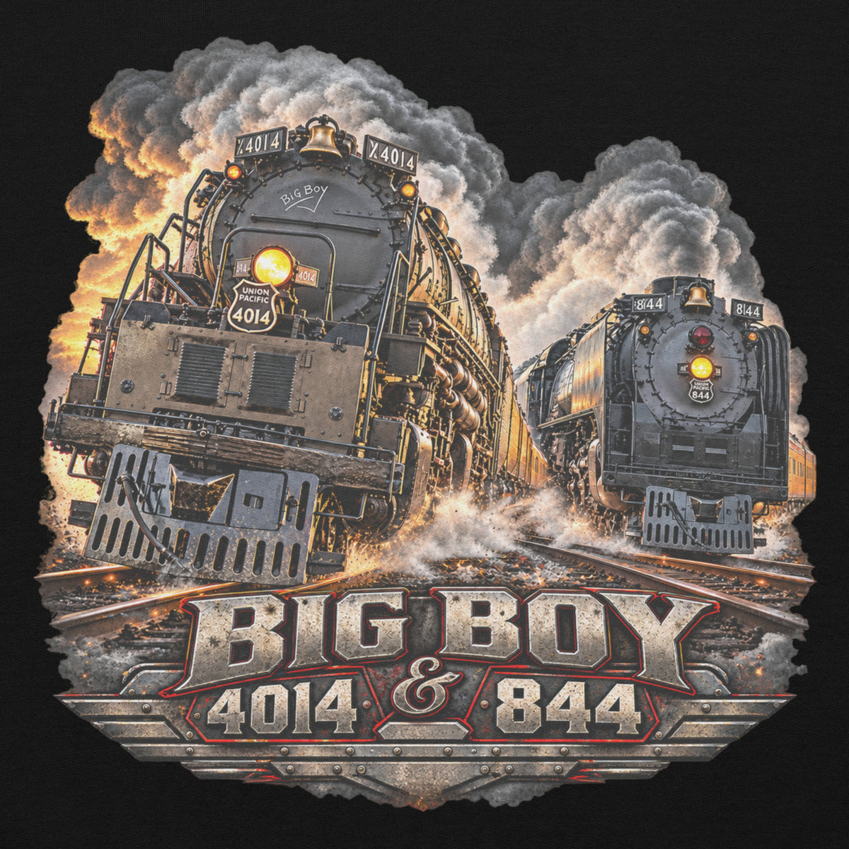 Black heavy blend pullover hoodie featuring a highly detailed graphic of the Big Boy 4014 and 844 steam locomotives charging down the tracks side-by-side surrounded by smoke and steam. Bold, metallic-style text at the bottom reads "BIG BOY 4014 & 844" on a distressed vintage badge.   