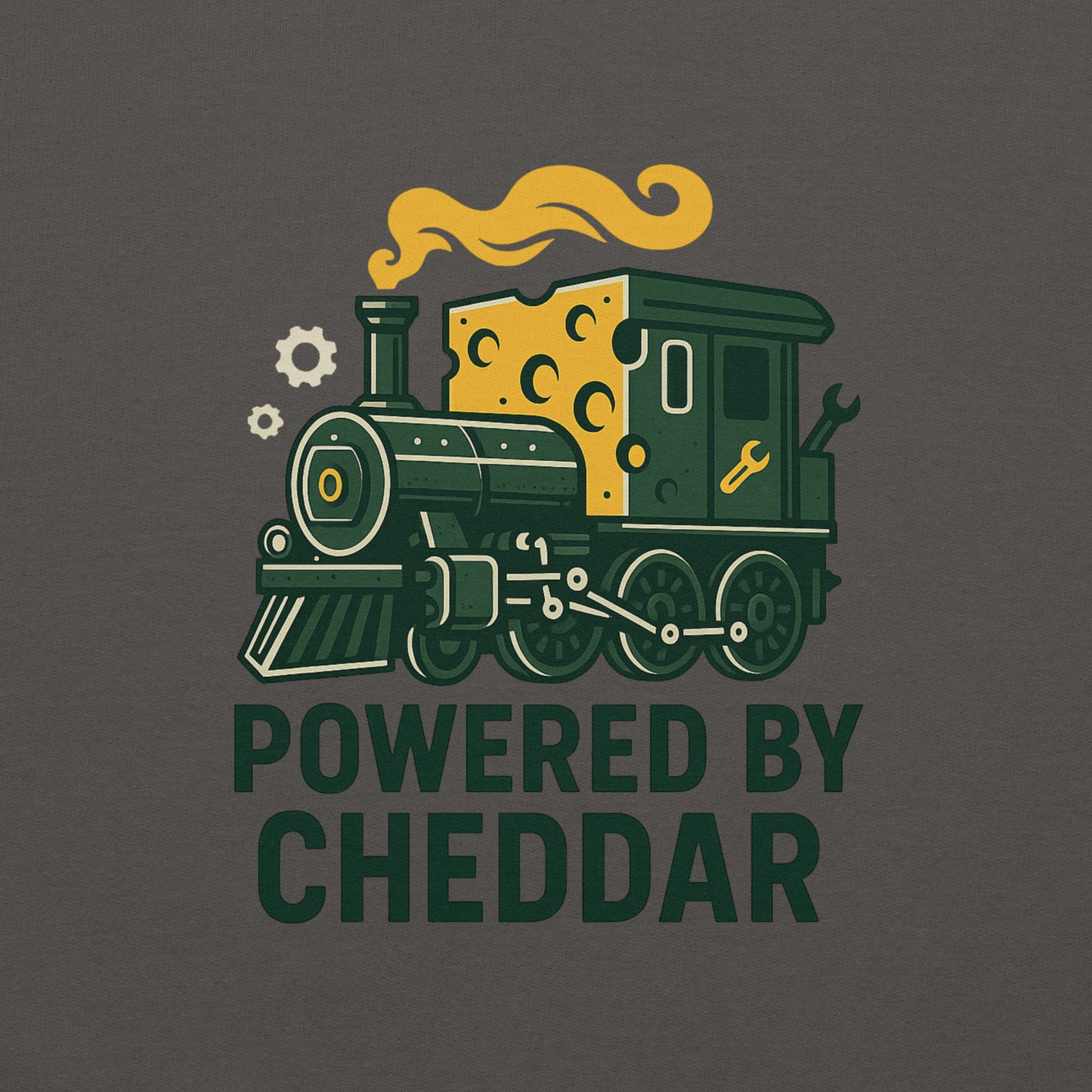 Train graphic with cheese block and 'Powered by Cheddar' text on a dark background