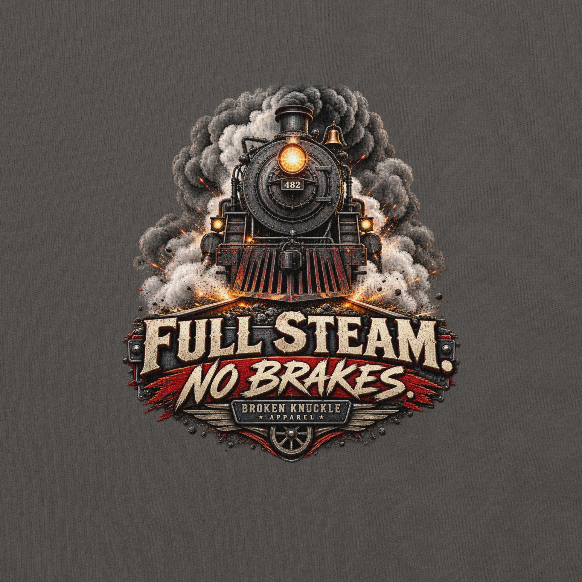 Charcoal heavy blend pullover hoodie featuring an explosive graphic of a front-facing steam locomotive bursting through smoke and fiery sparks. Bold, distressed vintage text reads "FULL STEAM. NO BRAKES." above a winged train wheel badge that reads "BROKEN KNUCKLE APPAREL".