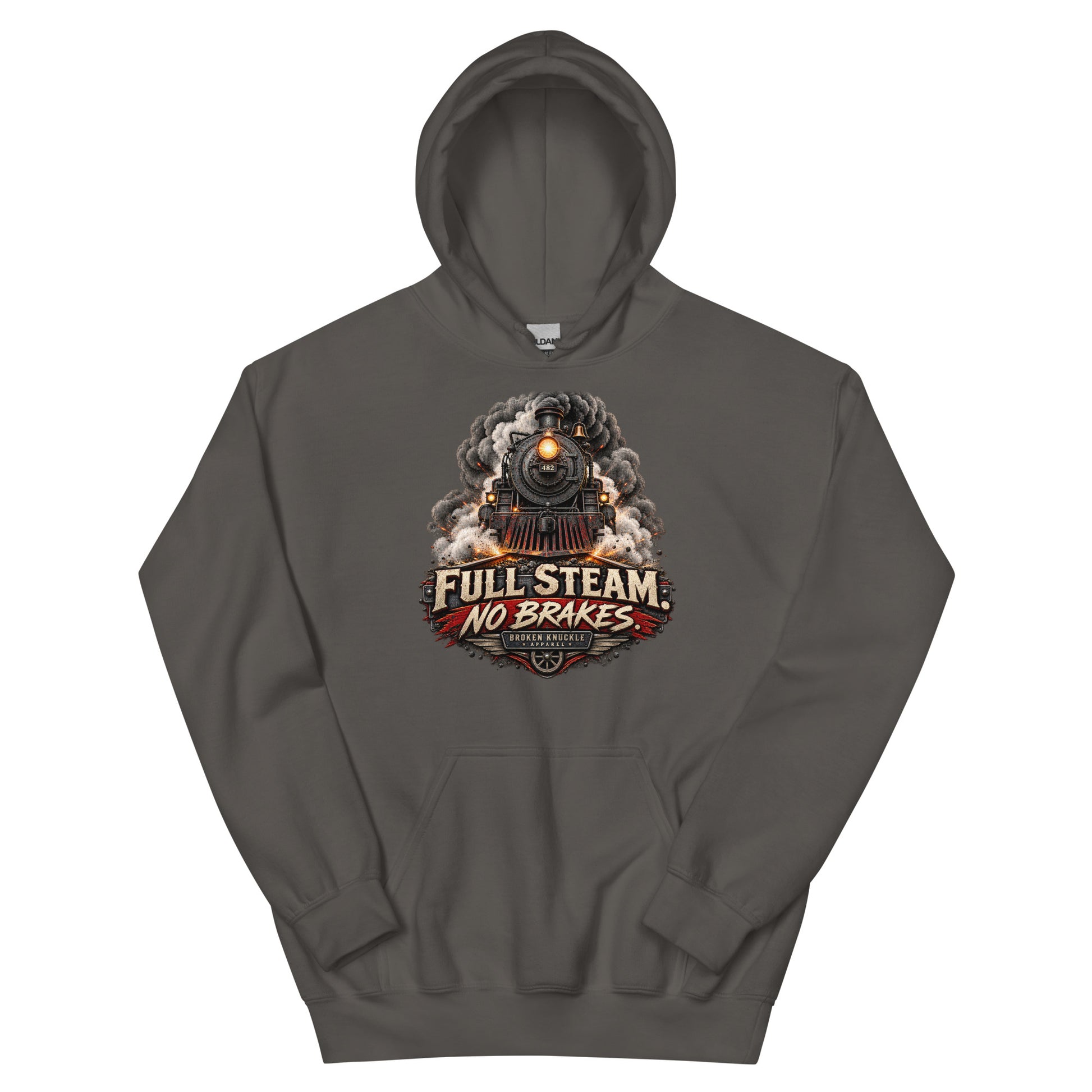 Charcoal heavy blend pullover hoodie featuring an explosive graphic of a front-facing steam locomotive bursting through smoke and fiery sparks. Bold, distressed vintage text reads "FULL STEAM. NO BRAKES." above a winged train wheel badge that reads "BROKEN KNUCKLE APPAREL".