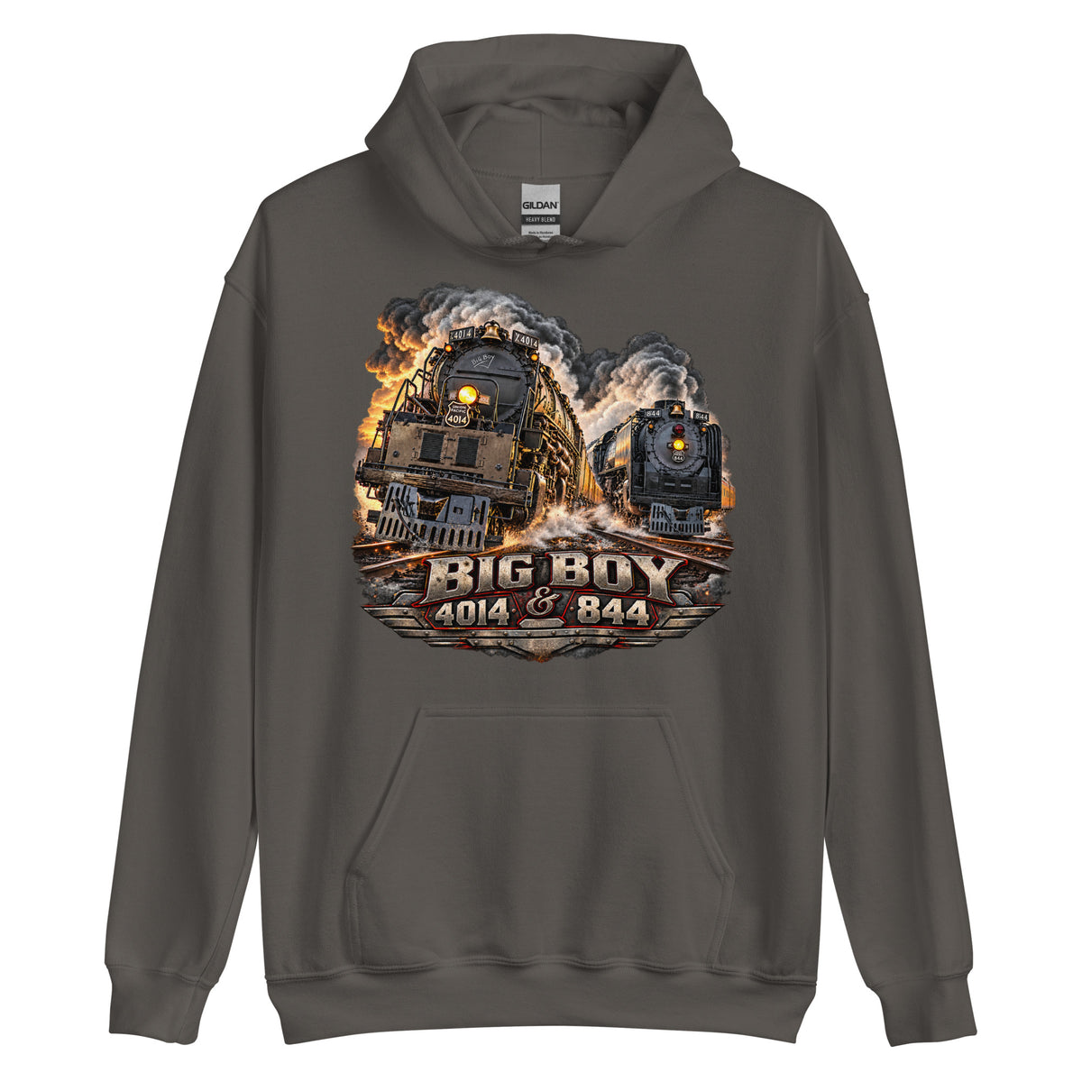 Charcoal heavy blend pullover hoodie featuring a highly detailed graphic of the Big Boy 4014 and 844 steam locomotives charging down the tracks side-by-side surrounded by smoke and steam. Bold, metallic-style text at the bottom reads "BIG BOY 4014 & 844" on a distressed vintage badge.   