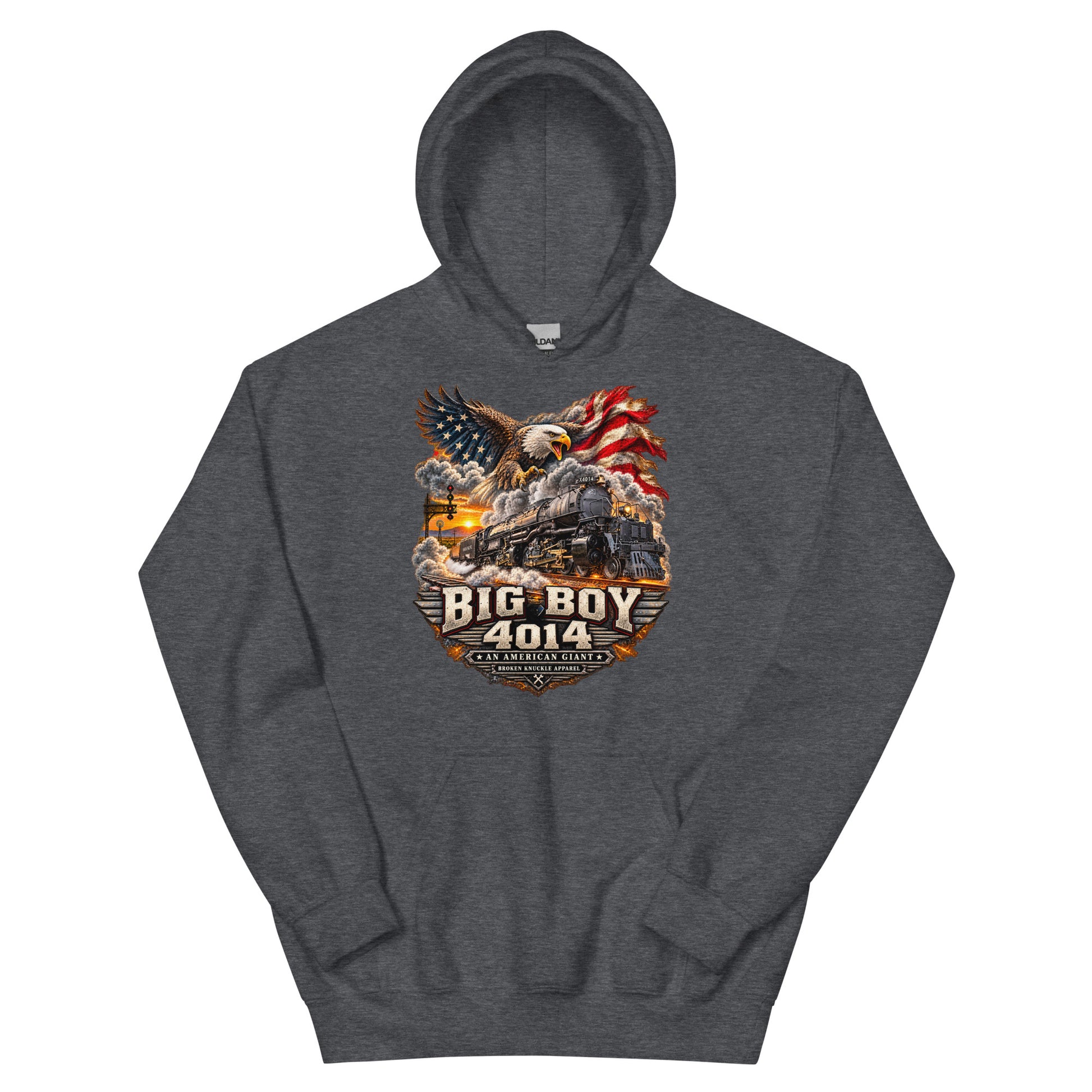 Gray heavy blend pullover hoodie featuring a highly detailed patriotic graphic. A bald eagle and American flag soar above the Big Boy 4014 steam locomotive charging down the tracks at sunset. Bold metallic-style text reads "BIG BOY 4014" above a banner reading "AN AMERICAN GIANT" and the Broken Knuckle Apparel logo.