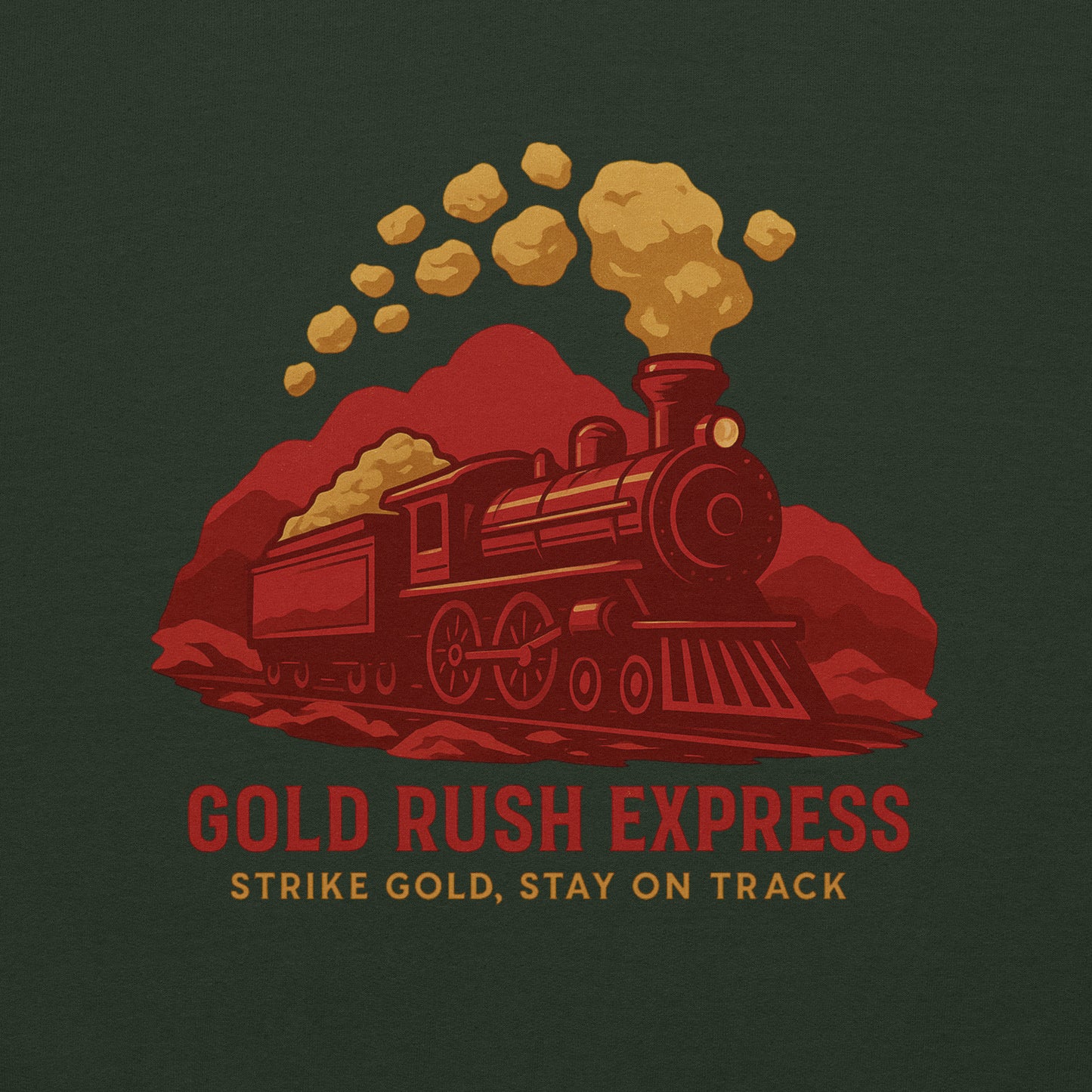 Vintage-style train graphic with gold dust and text 'Gold Rush Express' on a dark green background.