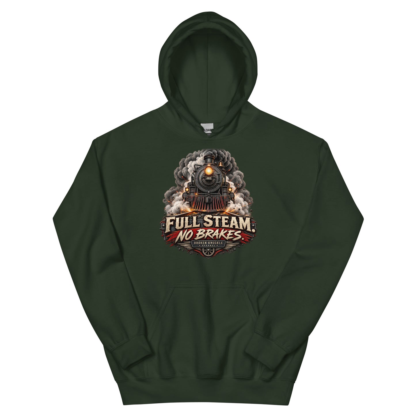 Forest green heavy blend pullover hoodie featuring an explosive graphic of a front-facing steam locomotive bursting through smoke and fiery sparks. Bold, distressed vintage text reads "FULL STEAM. NO BRAKES." above a winged train wheel badge that reads "BROKEN KNUCKLE APPAREL".