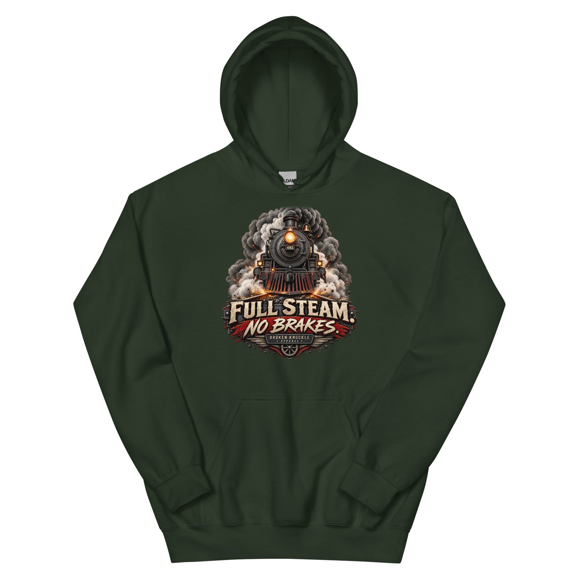 Forest green heavy blend pullover hoodie featuring an explosive graphic of a front-facing steam locomotive bursting through smoke and fiery sparks. Bold, distressed vintage text reads "FULL STEAM. NO BRAKES." above a winged train wheel badge that reads "BROKEN KNUCKLE APPAREL".
