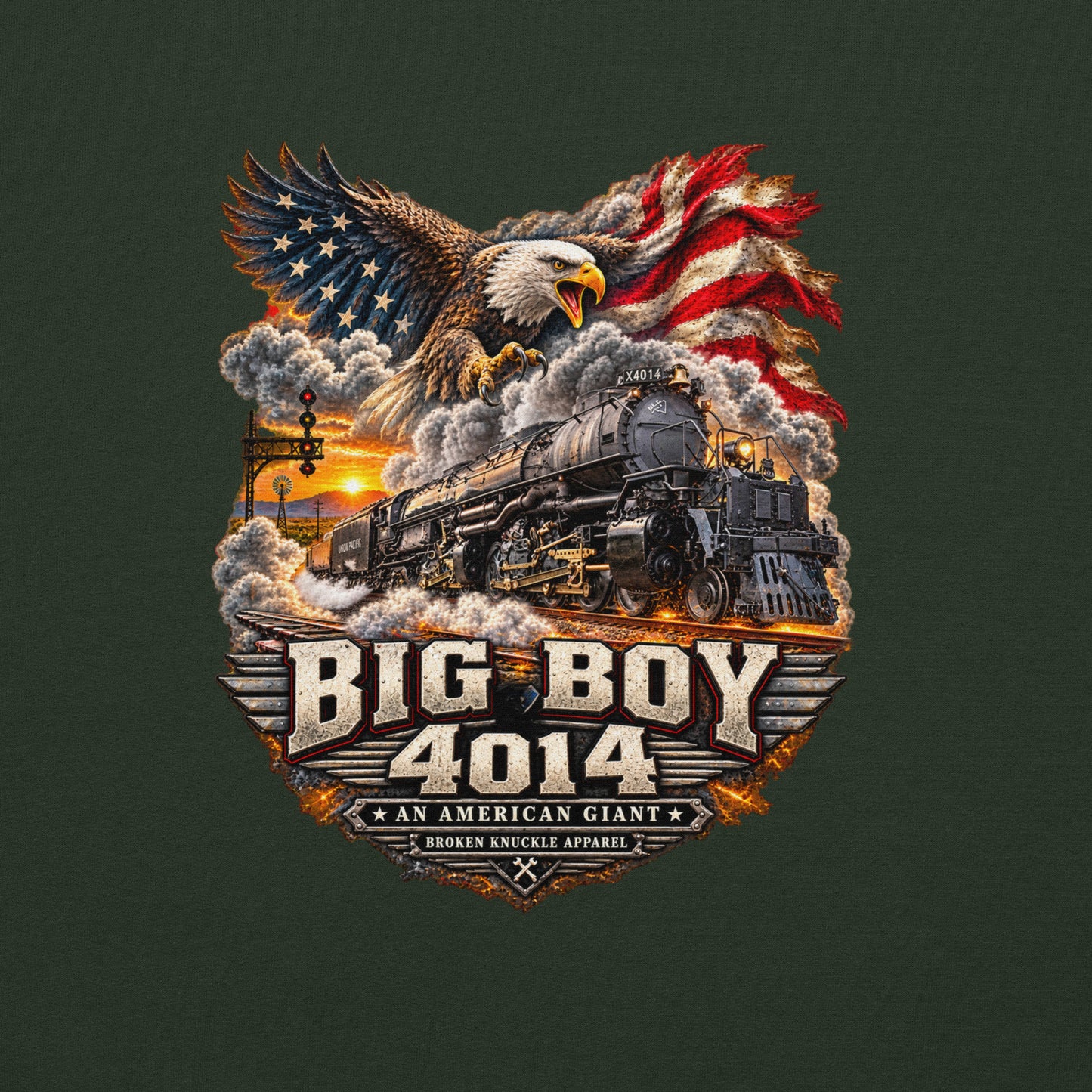 Forest green heavy blend pullover hoodie featuring a highly detailed patriotic graphic. A bald eagle and American flag soar above the Big Boy 4014 steam locomotive charging down the tracks at sunset. Bold metallic-style text reads "BIG BOY 4014" above a banner reading "AN AMERICAN GIANT" and the Broken Knuckle Apparel logo.
