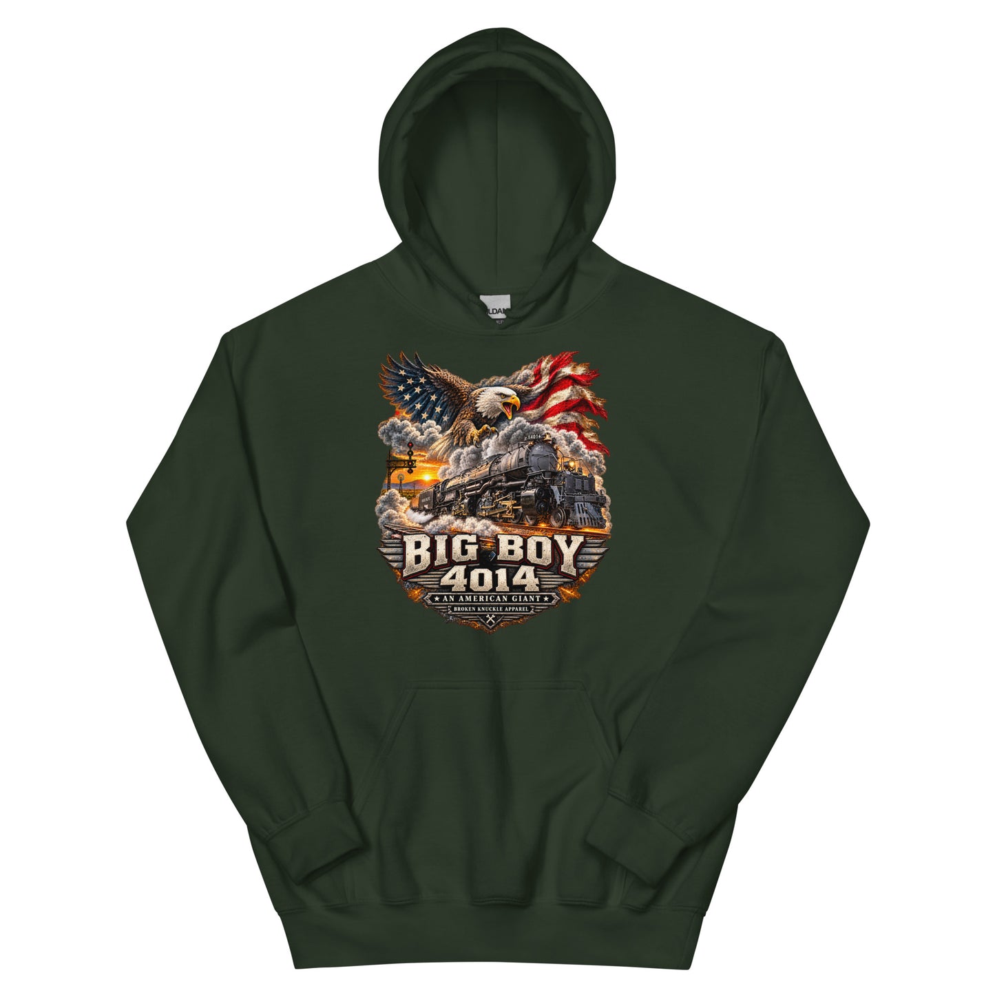 Forest green heavy blend pullover hoodie featuring a highly detailed patriotic graphic. A bald eagle and American flag soar above the Big Boy 4014 steam locomotive charging down the tracks at sunset. Bold metallic-style text reads "BIG BOY 4014" above a banner reading "AN AMERICAN GIANT" and the Broken Knuckle Apparel logo.